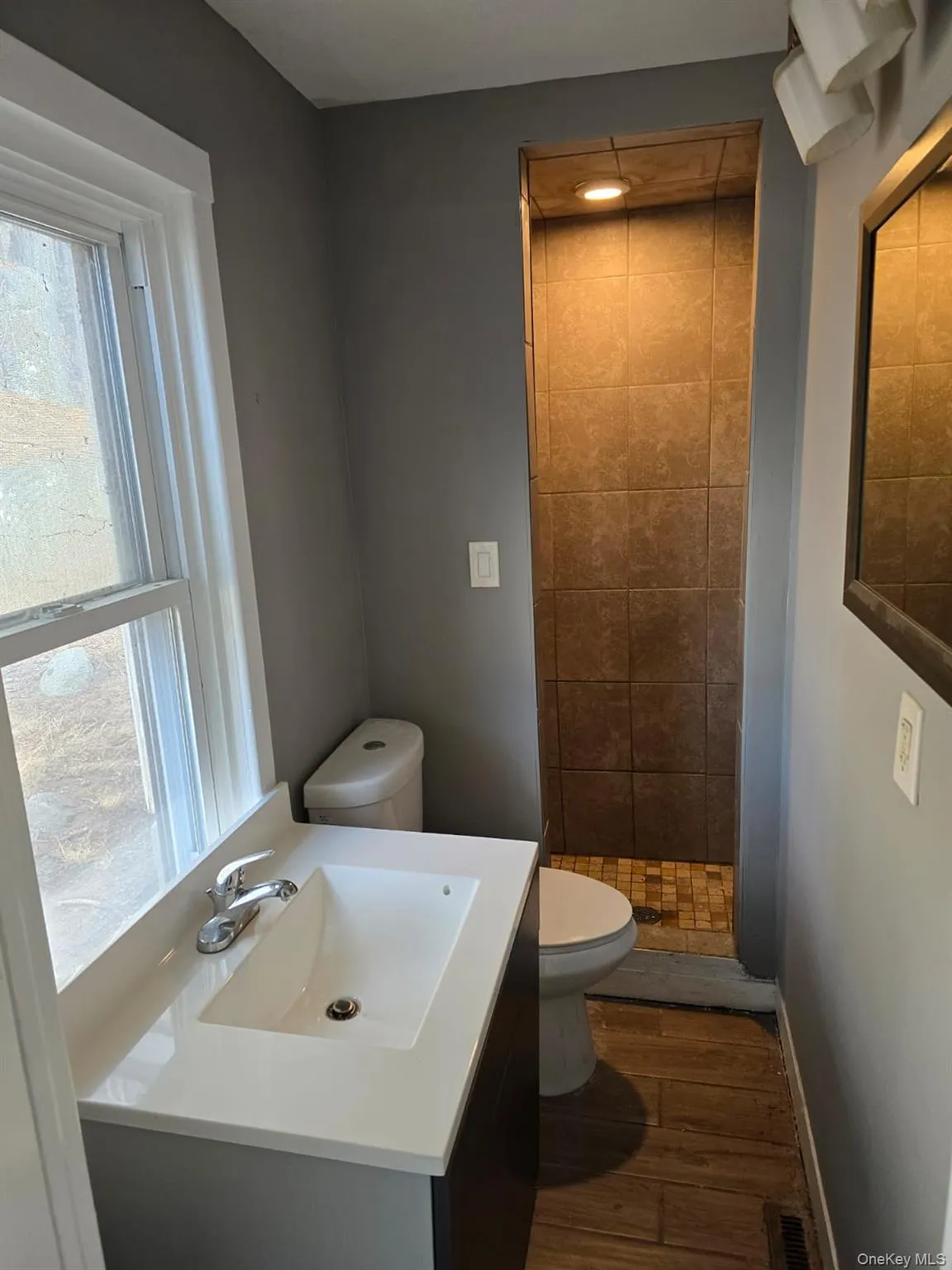 Bathroom featuring visible vents, toilet, a stall shower, wood finished floors, and vanity Bathroom featuring visible vents, toilet, a stall shower, wood finished floors, and vanity