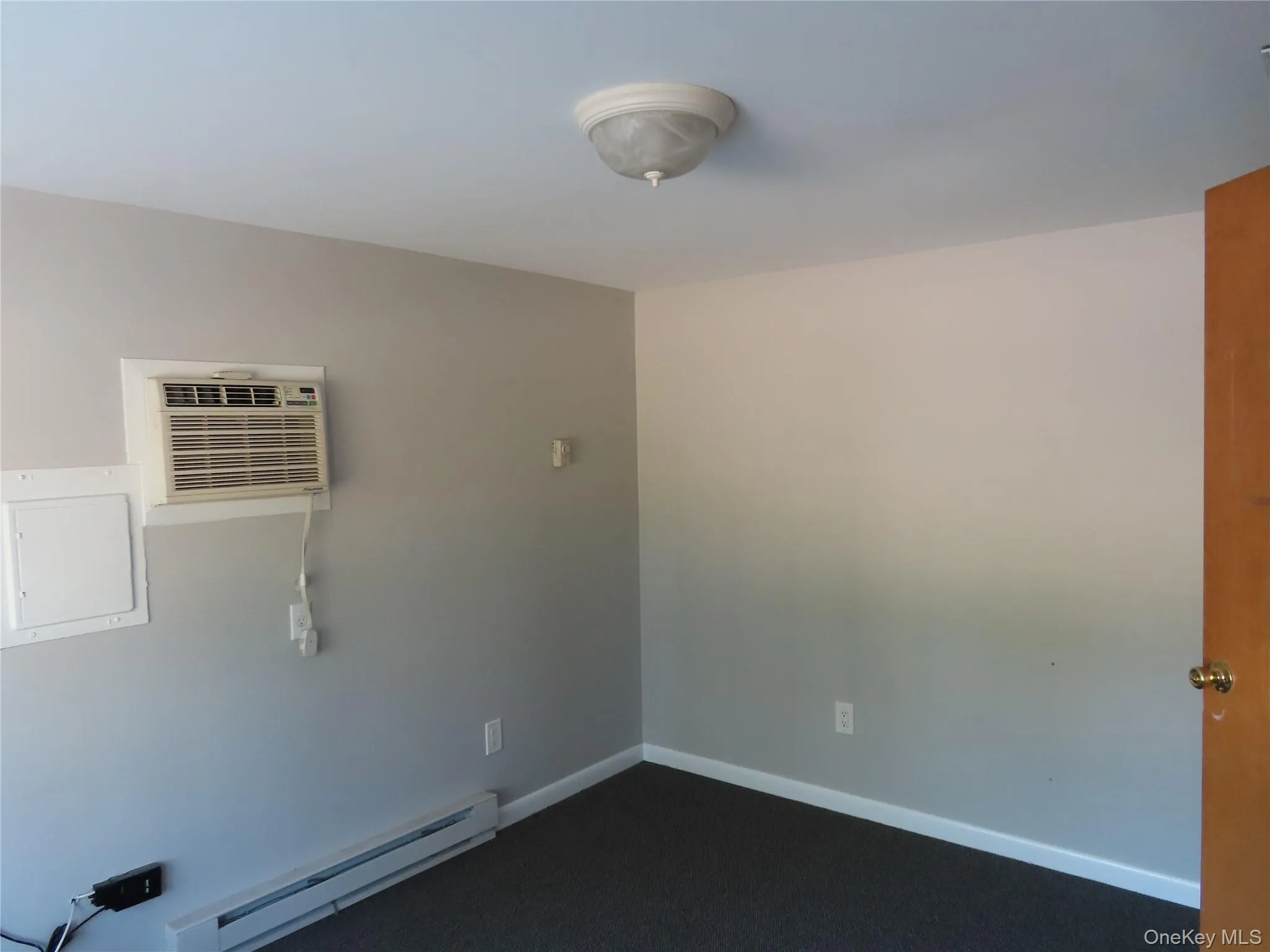Empty room featuring baseboard heating, a wall unit AC, and dark carpet Empty room featuring baseboard heating, a wall unit AC, and dark carpet