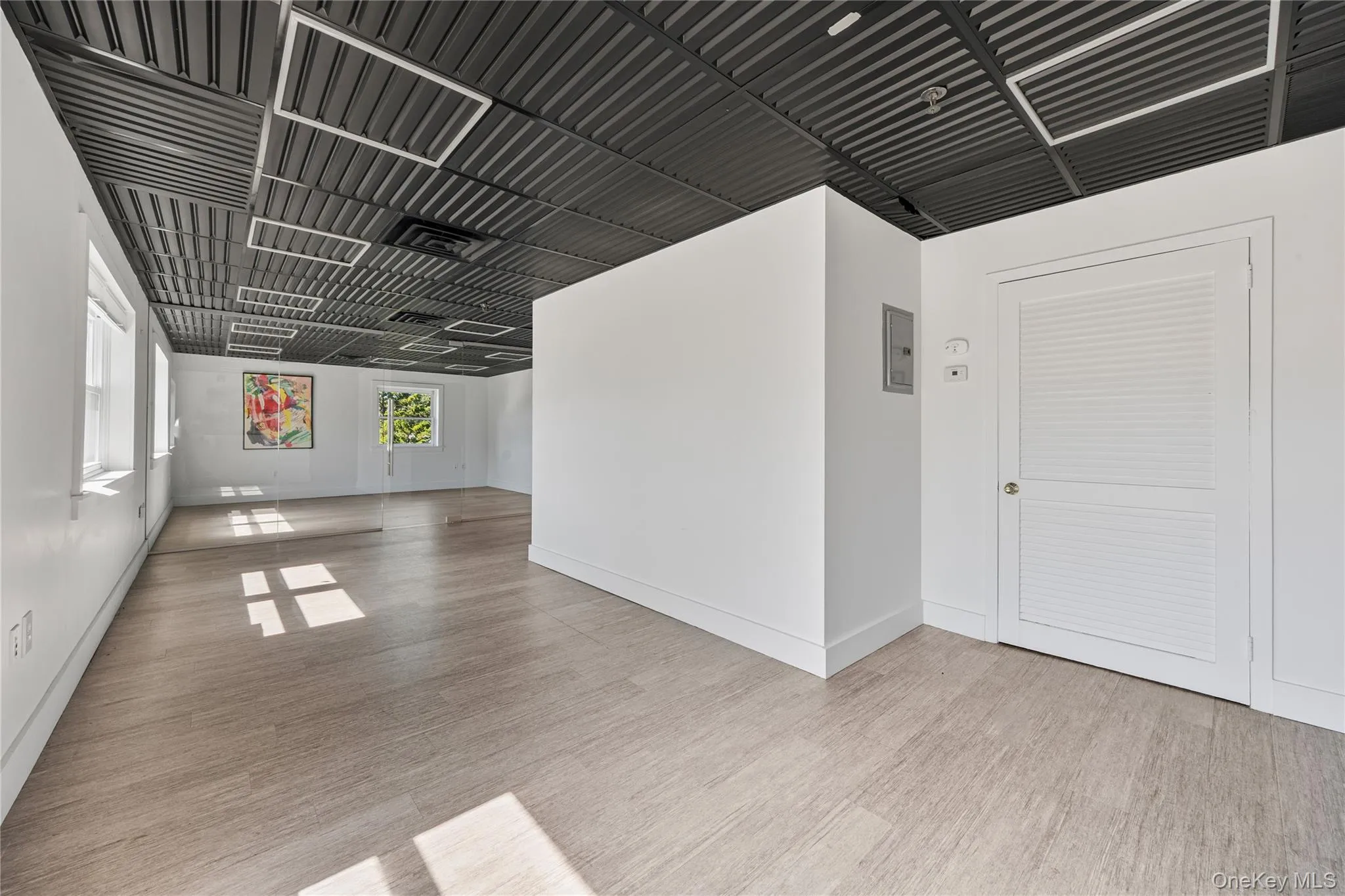 Bonus room with light wood-type flooring and electric panel Bonus room with light wood-type flooring and electric panel
