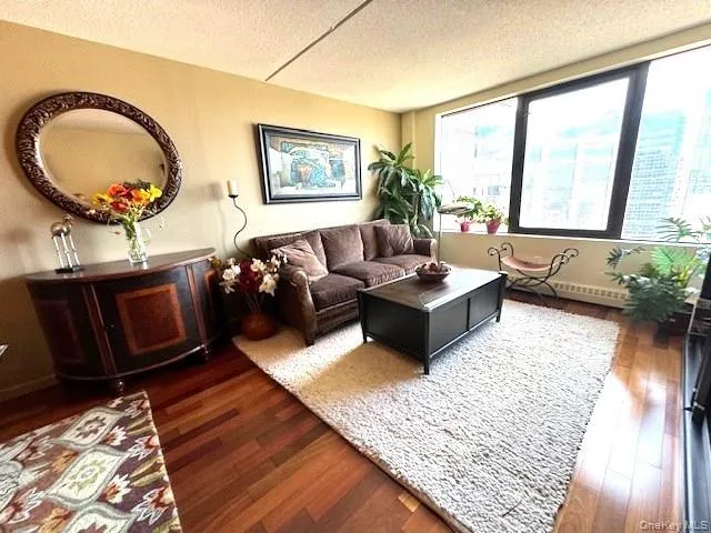 Living room featuring hardwood / wood-style flooring and a textured ceiling Living room featuring hardwood / wood-style flooring and a textured ceiling