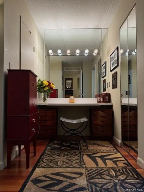 Bathroom with a textured ceiling, vanity, and hardwood / wood-style floors Bathroom with a textured ceiling, vanity, and hardwood / wood-style floors