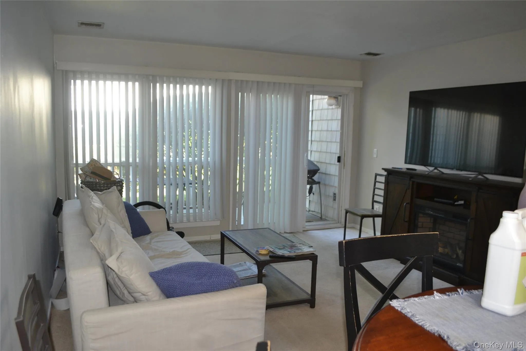 Carpeted living room with plenty of natural light and a fireplace Carpeted living room with plenty of natural light and a fireplace