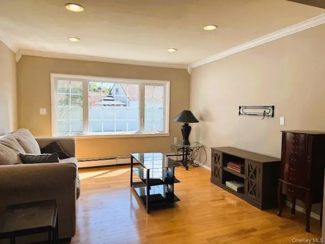 Living area with ornamental molding, light wood-style flooring, healthy amount of natural light, baseboard heating, and recessed lighting Living area with ornamental molding, light wood-style flooring, healthy amount of natural light, baseboard heating, and recessed lighting