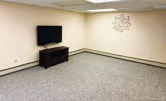 Basement with a paneled ceiling, carpet, and a baseboard radiator Basement with a paneled ceiling, carpet, and a baseboard radiator