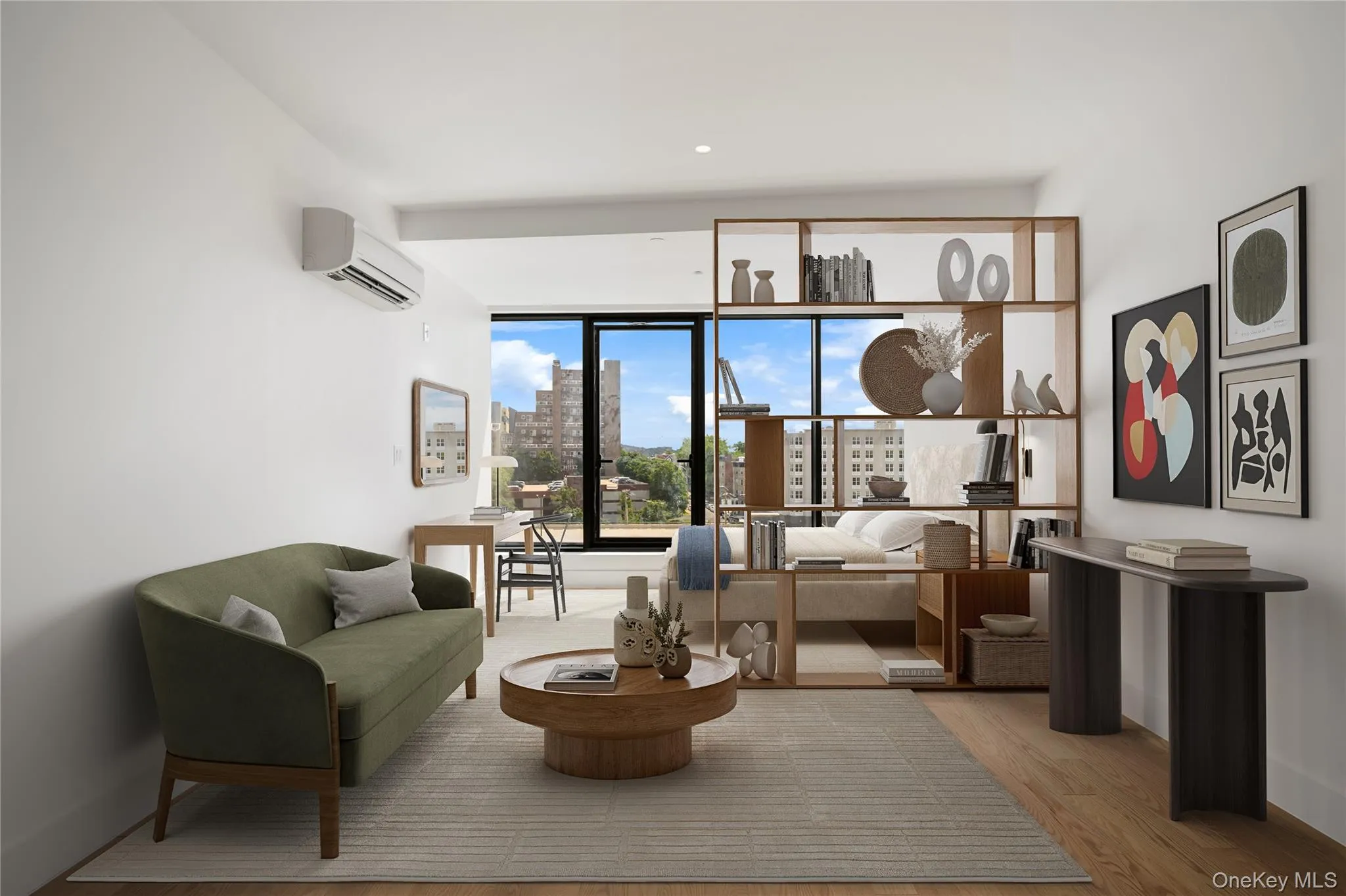 Living area featuring wood finished floors, a view of city, a wall mounted air conditioner, and recessed lighting Living area featuring wood finished floors, a view of city, a wall mounted air conditioner, and recessed lighting