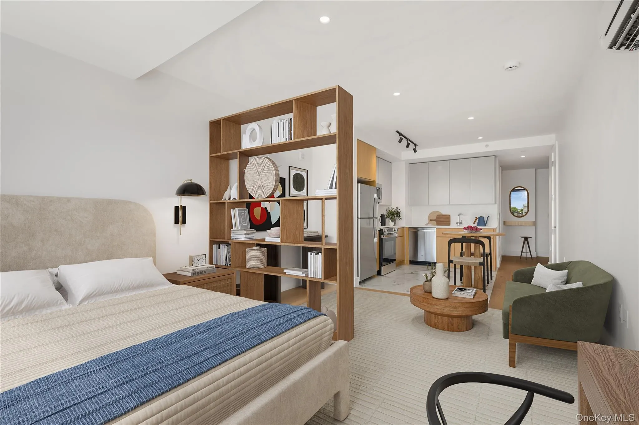 Bedroom with a wall unit AC, freestanding refrigerator, and recessed lighting Bedroom with a wall unit AC, freestanding refrigerator, and recessed lighting