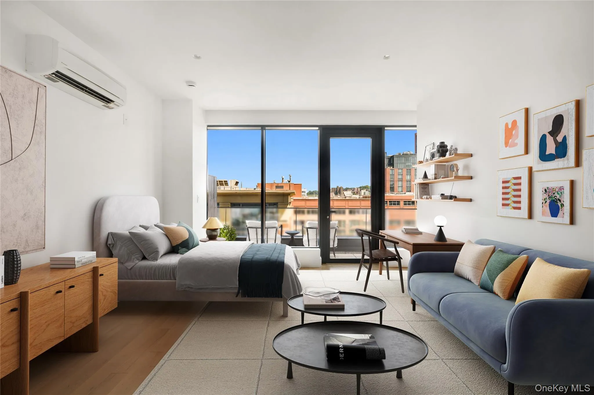 Bedroom featuring a wall mounted AC, a water view, access to outside, and light wood-style floors Bedroom featuring a wall mounted AC, a water view, access to outside, and light wood-style floors