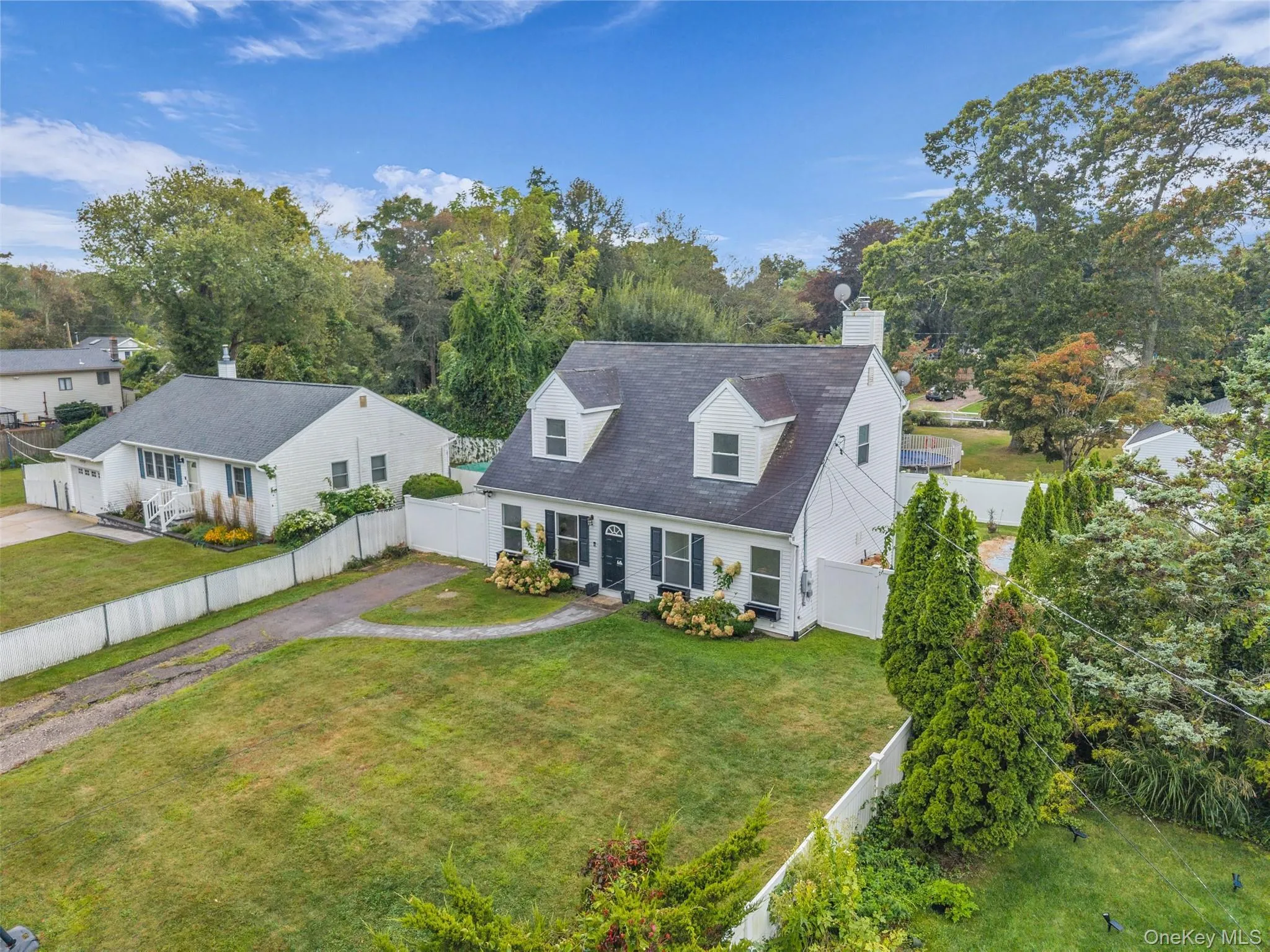 Cape cod-style house featuring a fenced backyard, a chimney, and driveway Cape cod-style house featuring a fenced backyard, a chimney, and driveway