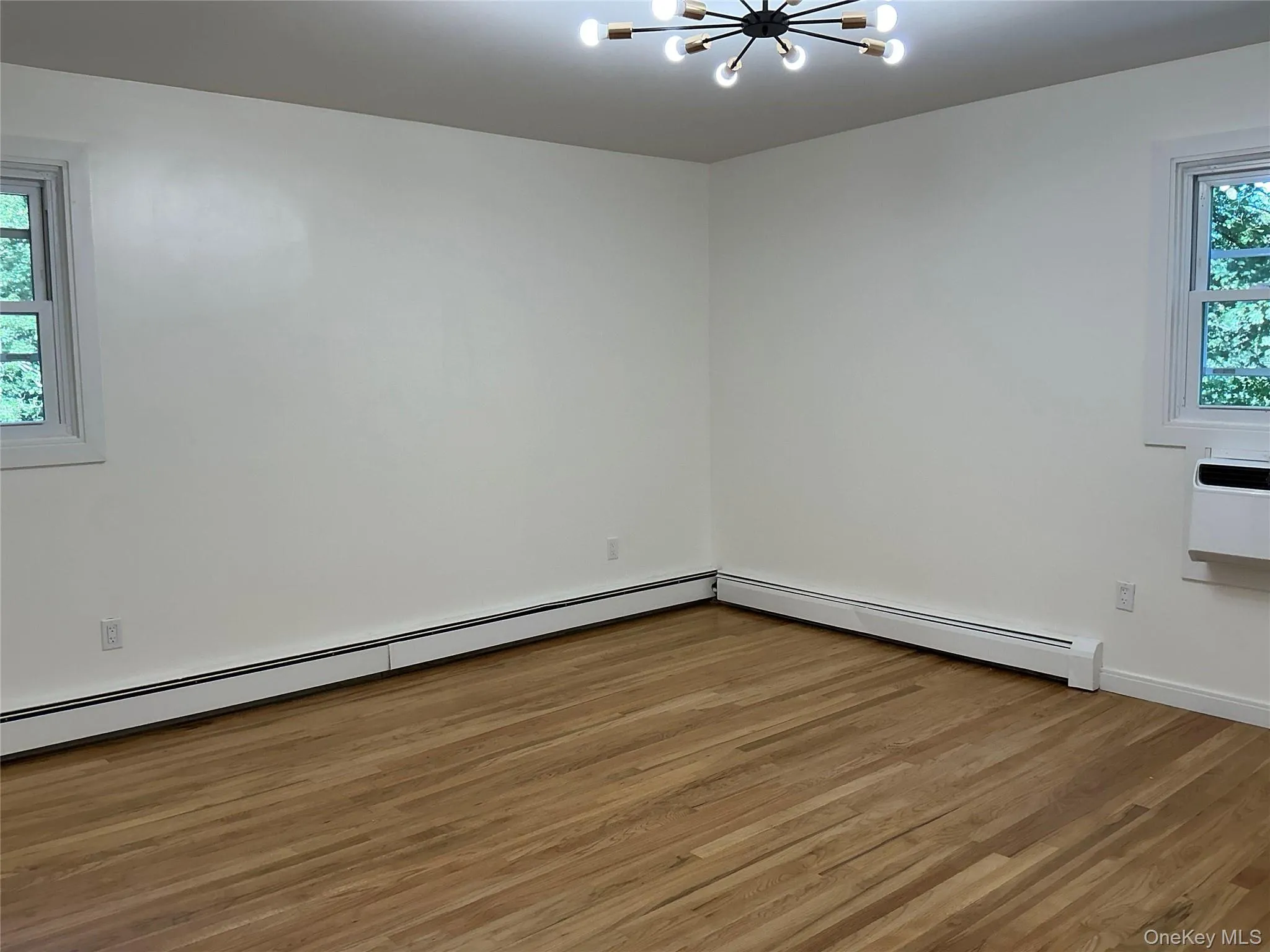 Empty room featuring light wood-style floors, a chandelier, a baseboard heating unit, and a wall unit AC Empty room featuring light wood-style floors, a chandelier, a baseboard heating unit, and a wall unit AC