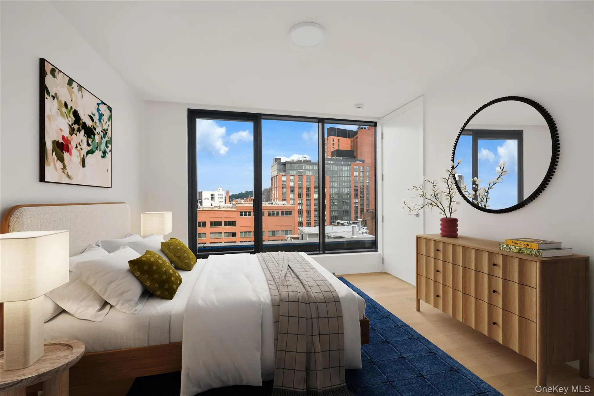 Bedroom with light wood-style flooring, expansive windows, and a city view Bedroom with light wood-style flooring, expansive windows, and a city view