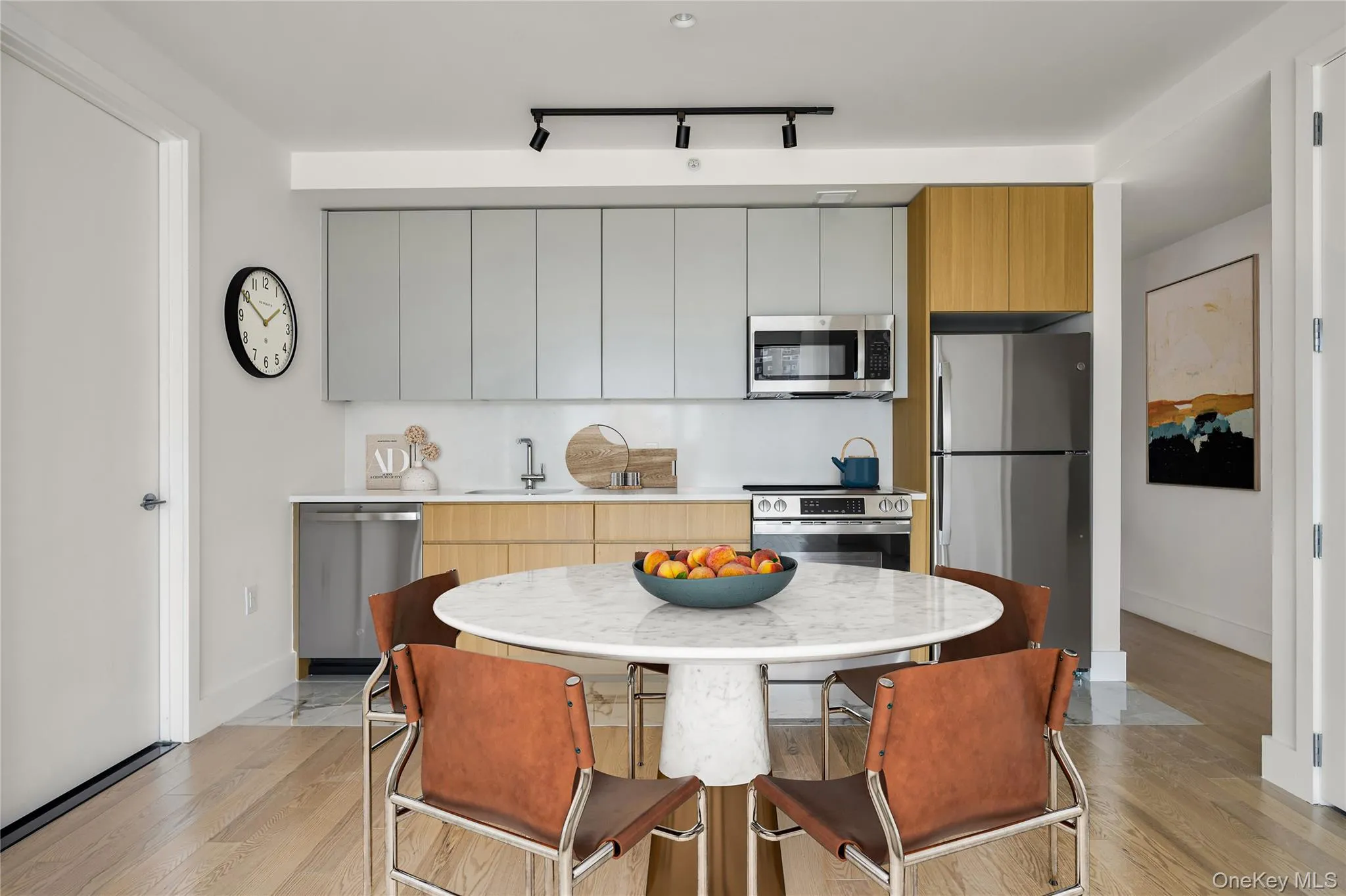 Kitchen with stainless steel appliances, modern cabinets, light wood-style floors, and rail lighting Kitchen with stainless steel appliances, modern cabinets, light wood-style floors, and rail lighting