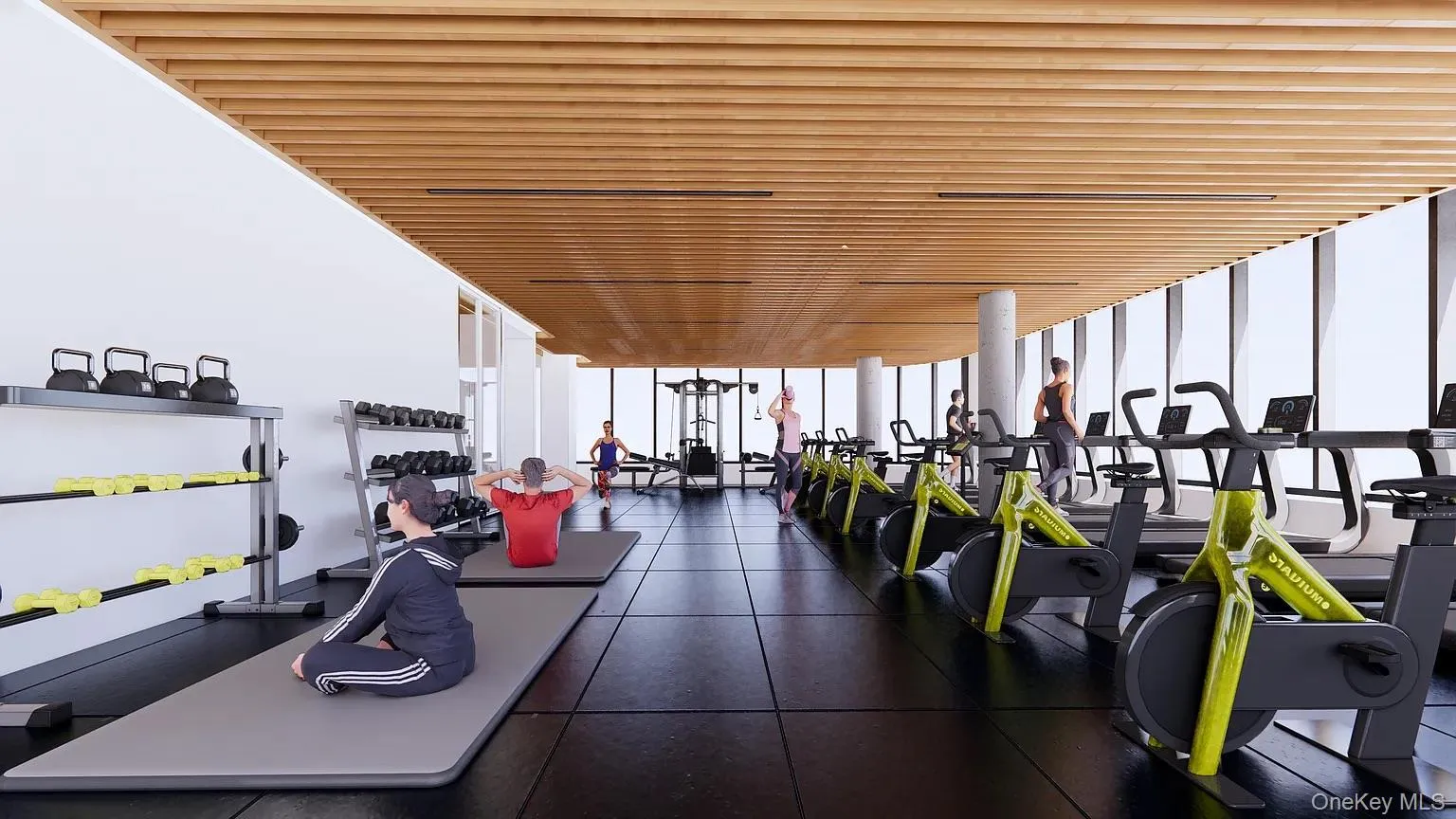 Exercise room with expansive windows and wood ceiling Exercise room with expansive windows and wood ceiling