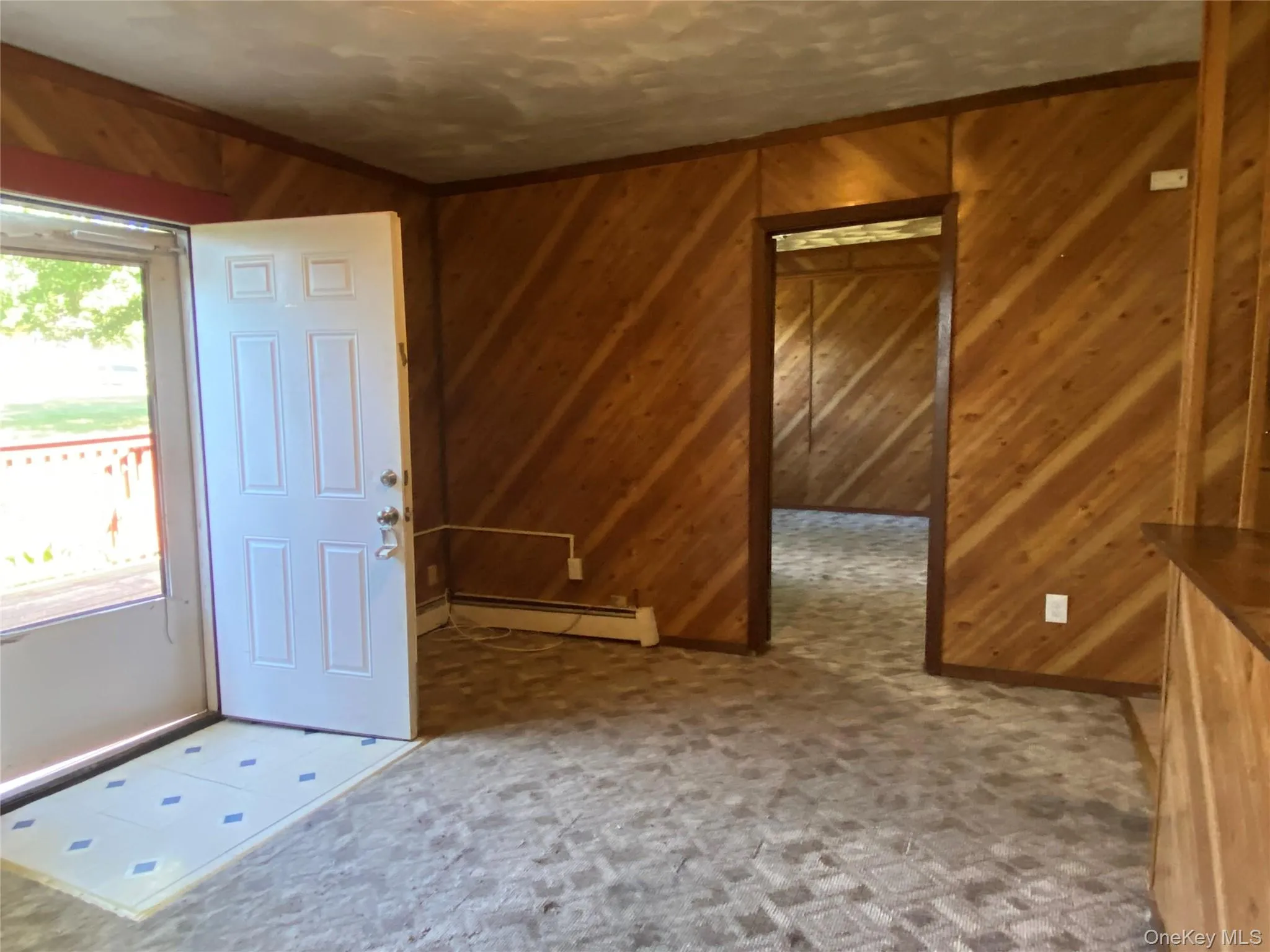Foyer with wood walls, carpet flooring, a textured ceiling, a baseboard radiator, and crown molding Foyer with wood walls, carpet flooring, a textured ceiling, a baseboard radiator, and crown molding
