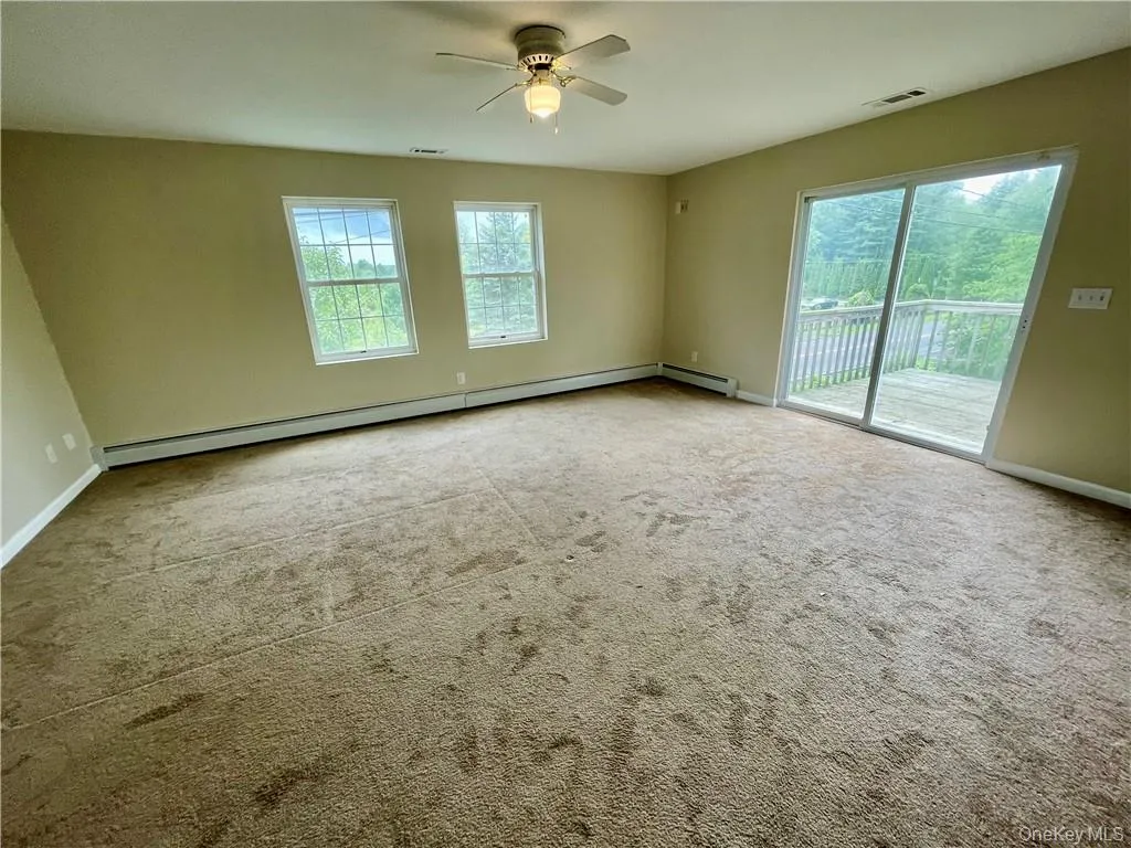 Unfurnished room featuring ceiling fan, a wealth of natural light, and light carpet Unfurnished room featuring ceiling fan, a wealth of natural light, and light carpet