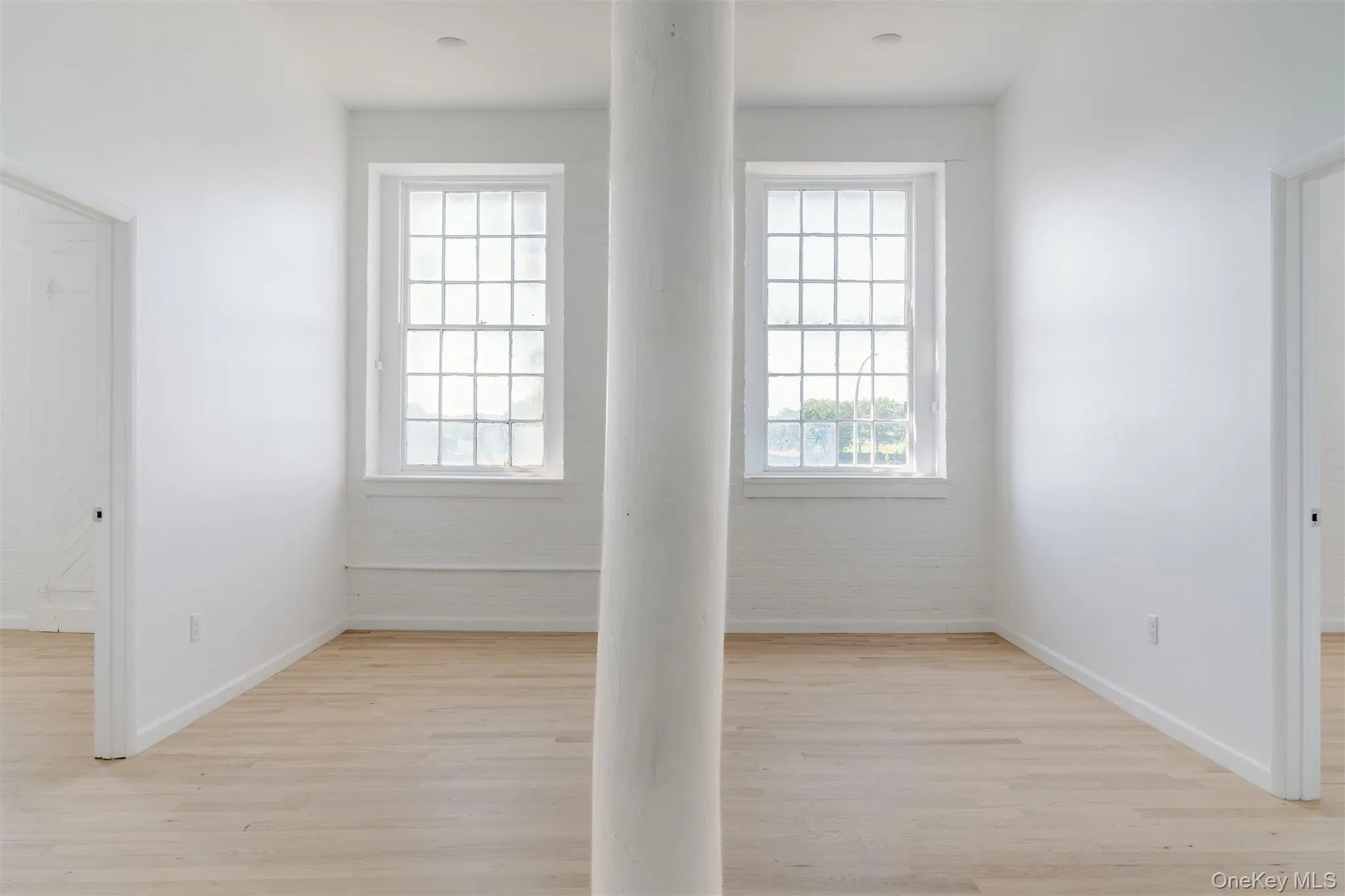 Spare room featuring light wood finished floors and ornate columns Spare room featuring light wood finished floors and ornate columns