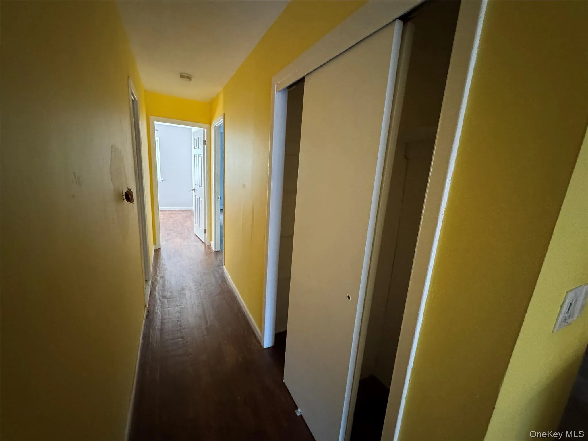 Hall featuring dark wood-style flooring and baseboards Hall featuring dark wood-style flooring and baseboards