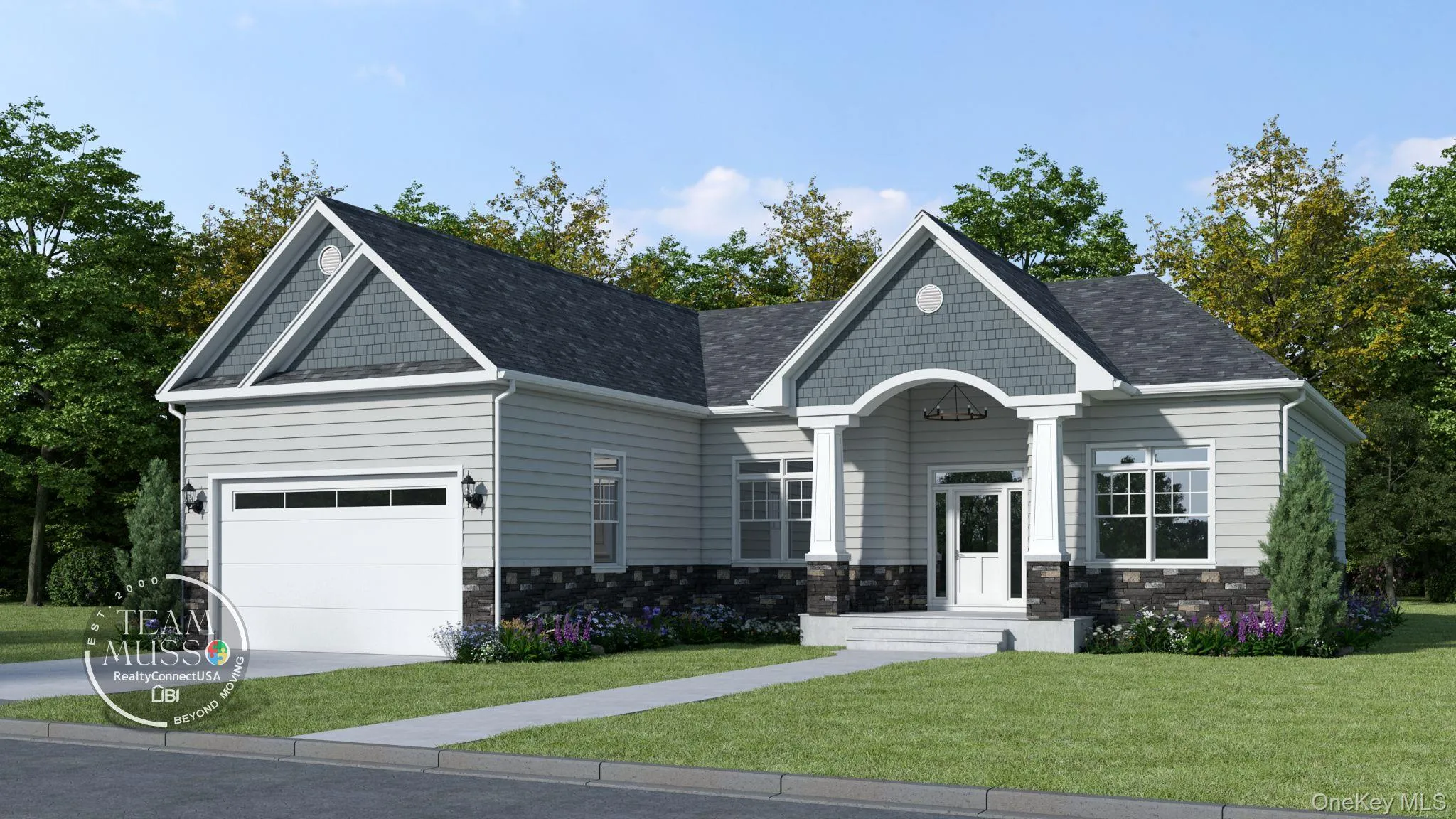 View of front of property with stone siding, a front yard, an attached garage, driveway, and roof with shingles View of front of property with stone siding, a front yard, an attached garage, driveway, and roof with shingles