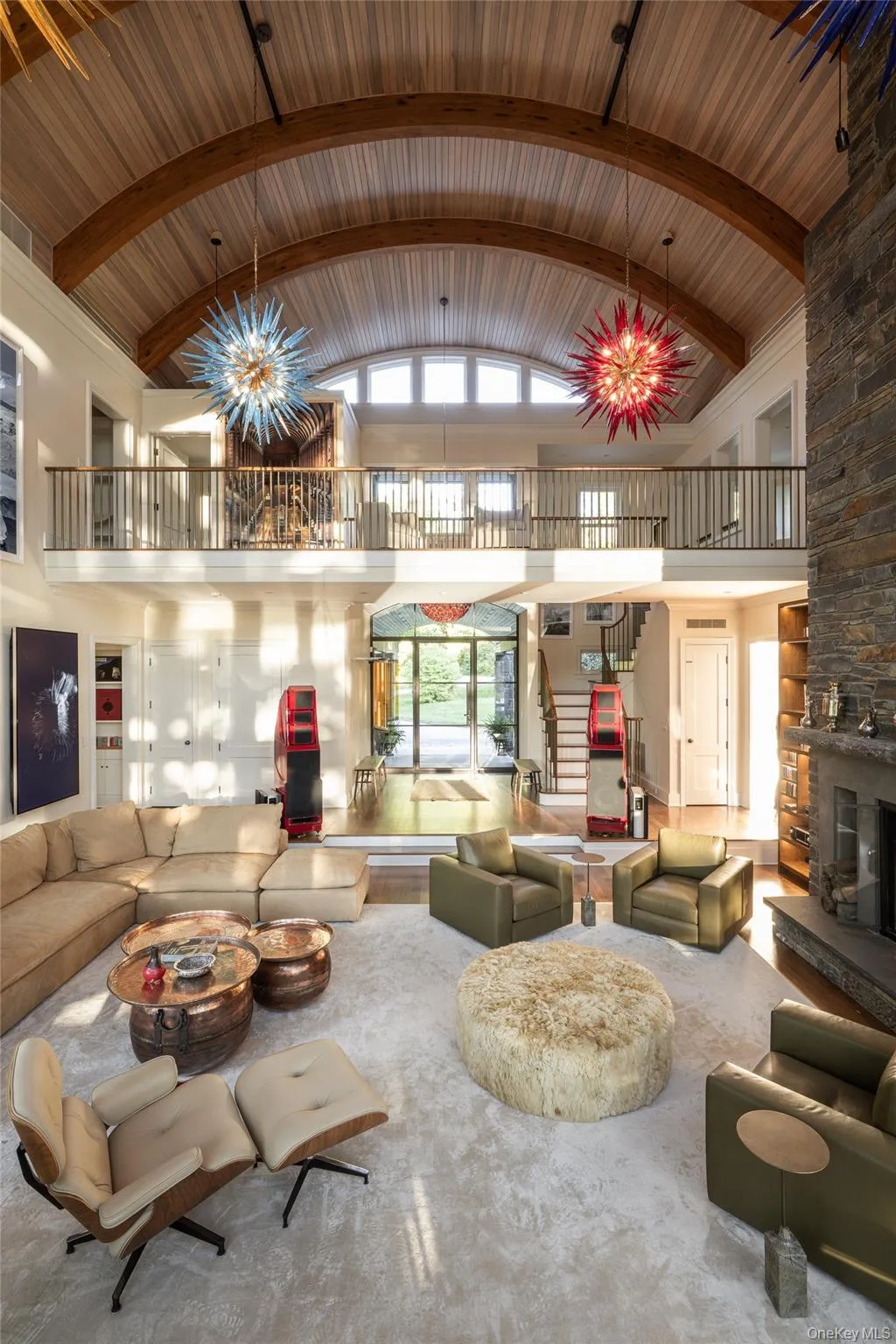 beam ceiling, stairs, and high vaulted ceiling beam ceiling, stairs, and high vaulted ceiling