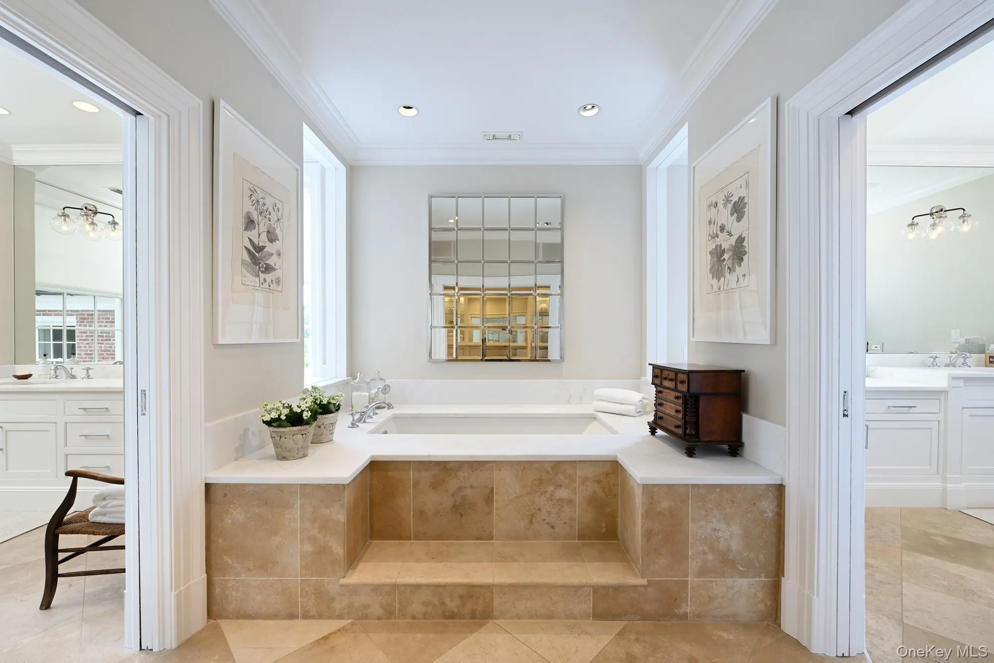 Full bathroom with vanity, a bath, crown molding, light tile patterned floors, and recessed lighting Full bathroom with vanity, a bath, crown molding, light tile patterned floors, and recessed lighting