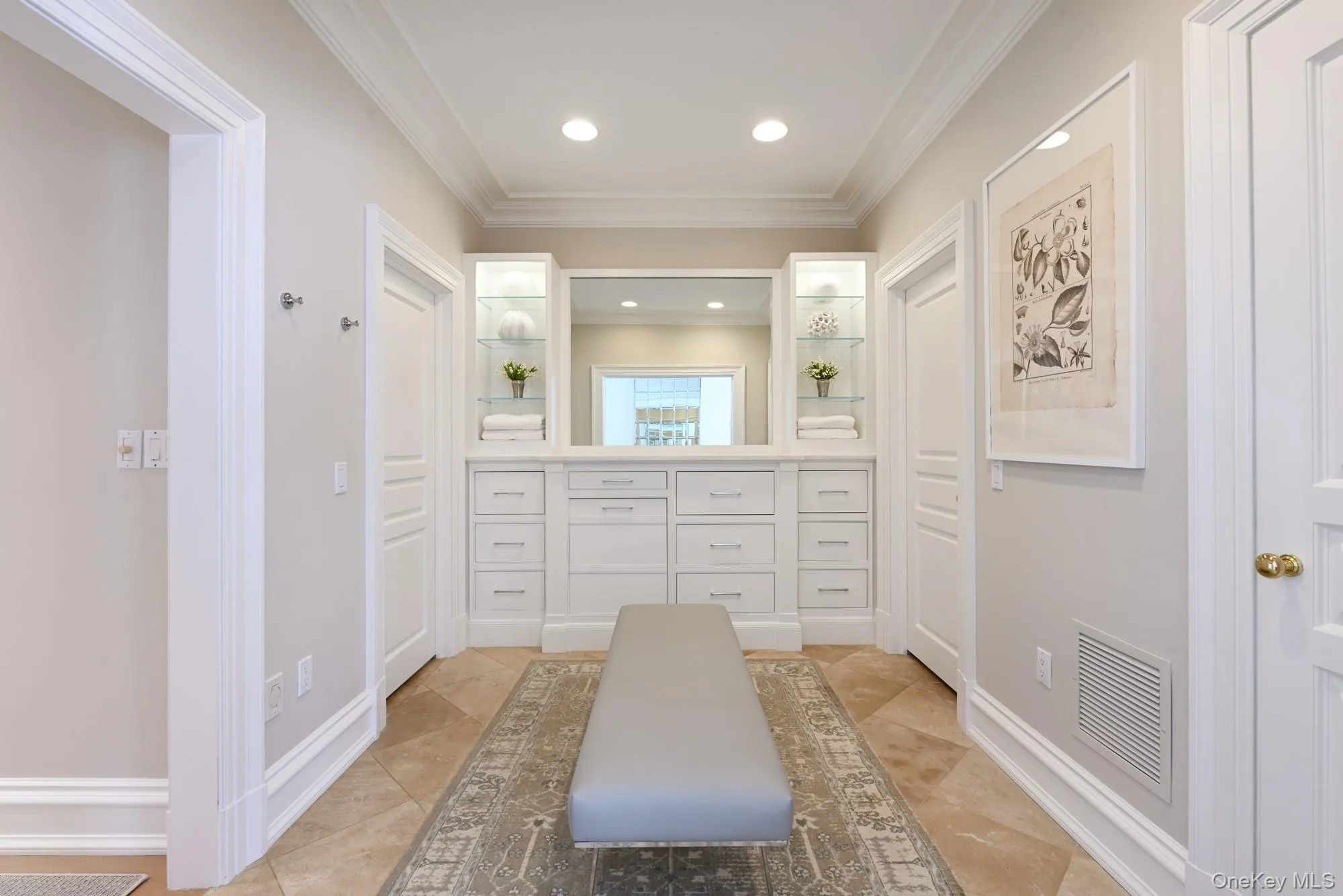 Bathroom with ornamental molding, vanity, and recessed lighting Bathroom with ornamental molding, vanity, and recessed lighting