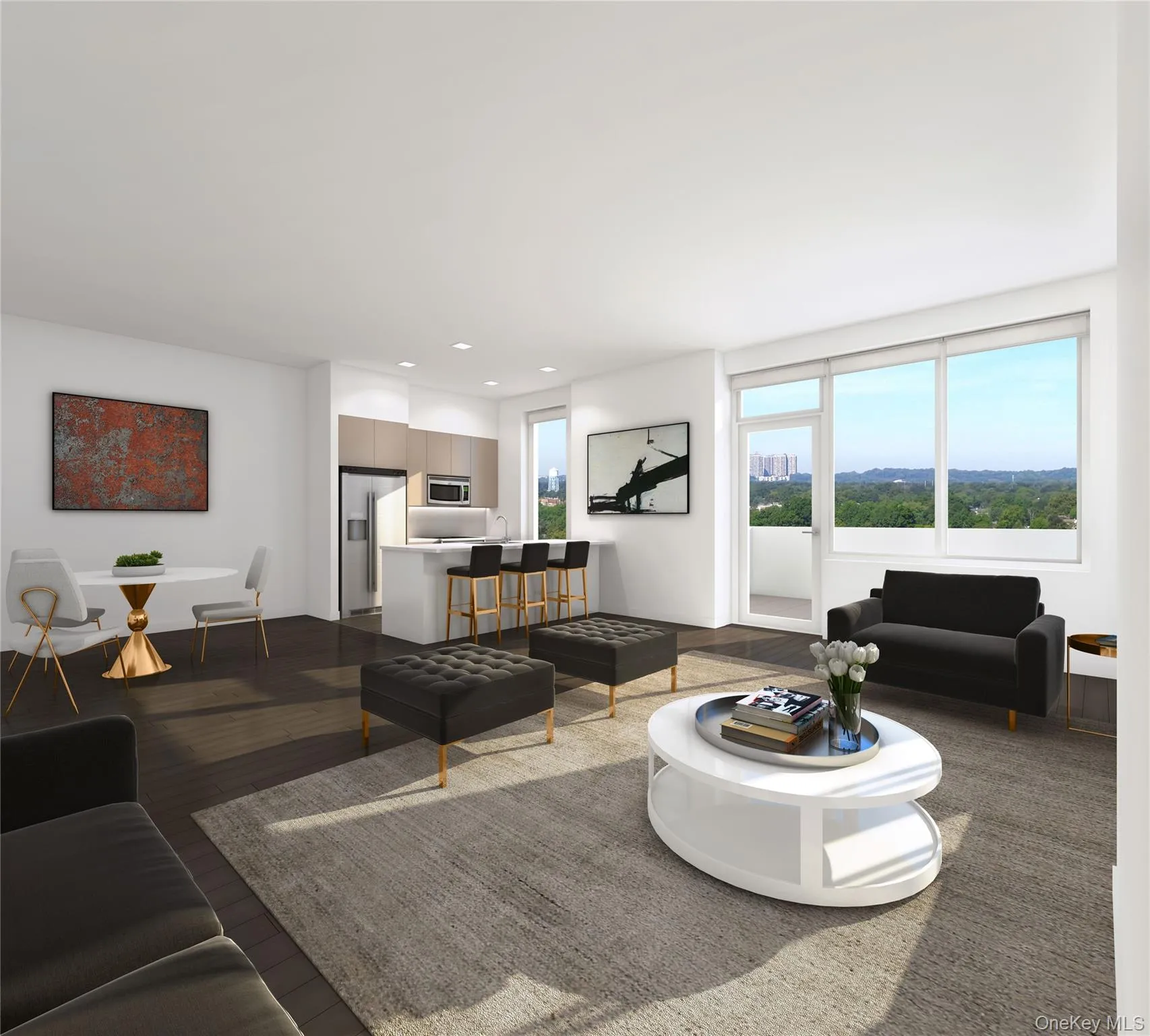Living area featuring wood finished floors, recessed lighting, and a city view Living area featuring wood finished floors, recessed lighting, and a city view