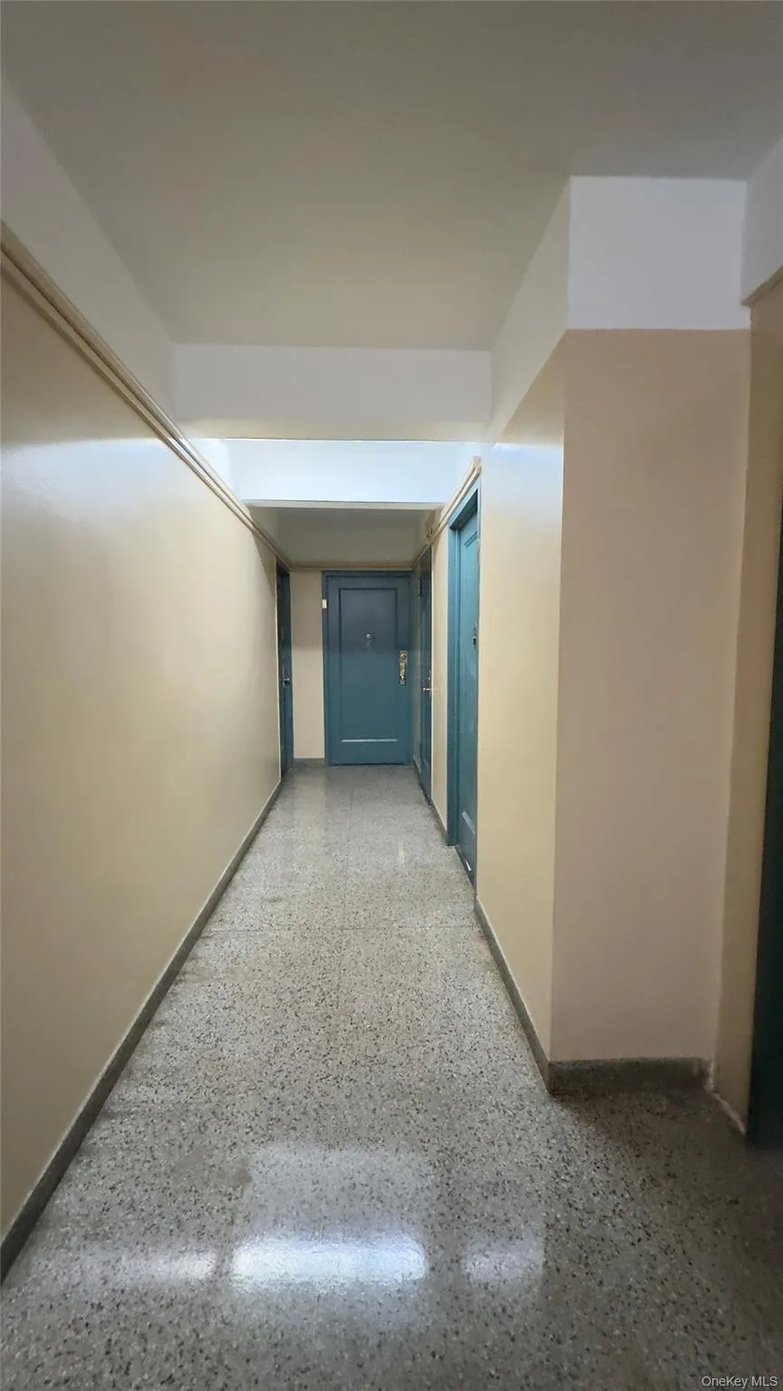 Hall with baseboards and speckled floor Hall with baseboards and speckled floor