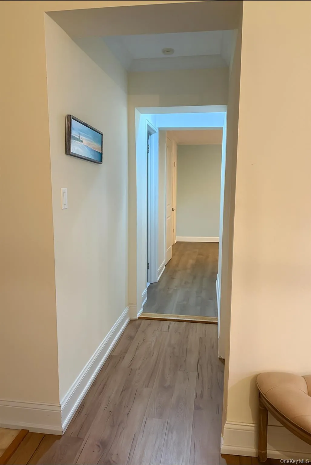 Corridor featuring light wood finished floors and ornamental molding Corridor featuring light wood finished floors and ornamental molding
