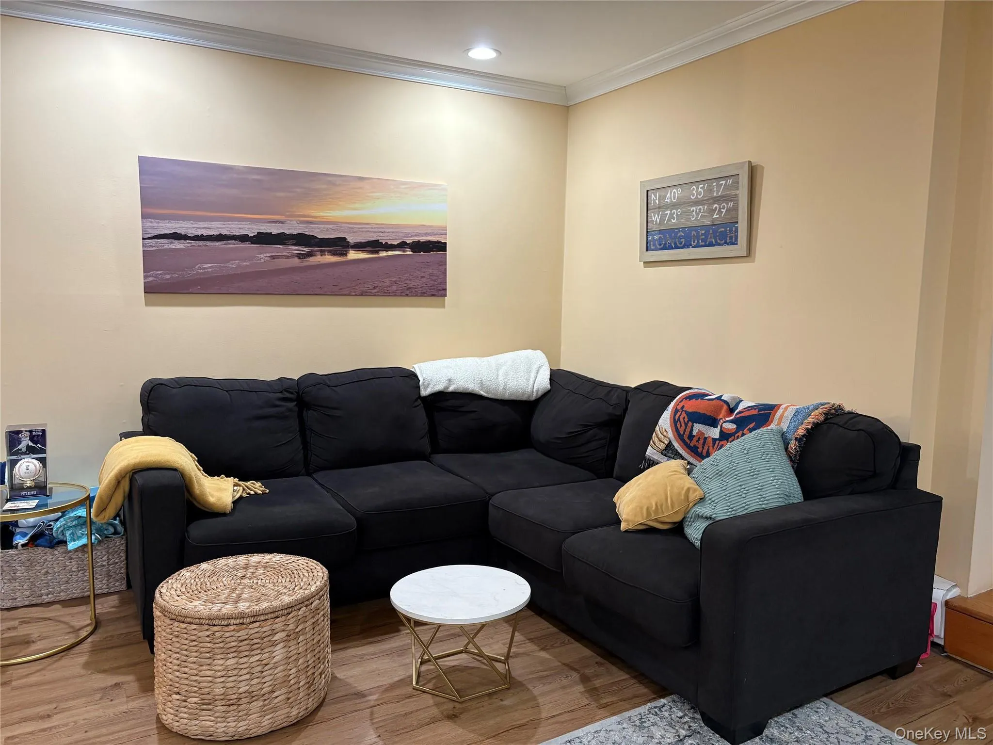 Living area featuring crown molding, wood finished floors, and recessed lighting Living area featuring crown molding, wood finished floors, and recessed lighting