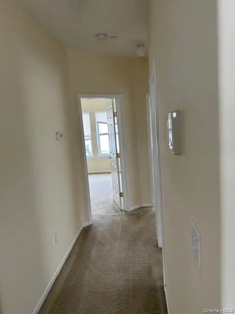 Hallway featuring light colored carpet and baseboards Hallway featuring light colored carpet and baseboards