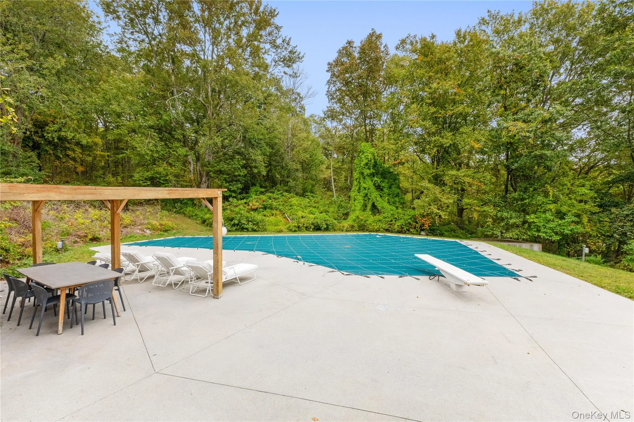 View of swimming pool featuring a covered pool, a diving board, and a patio View of swimming pool featuring a covered pool, a diving board, and a patio