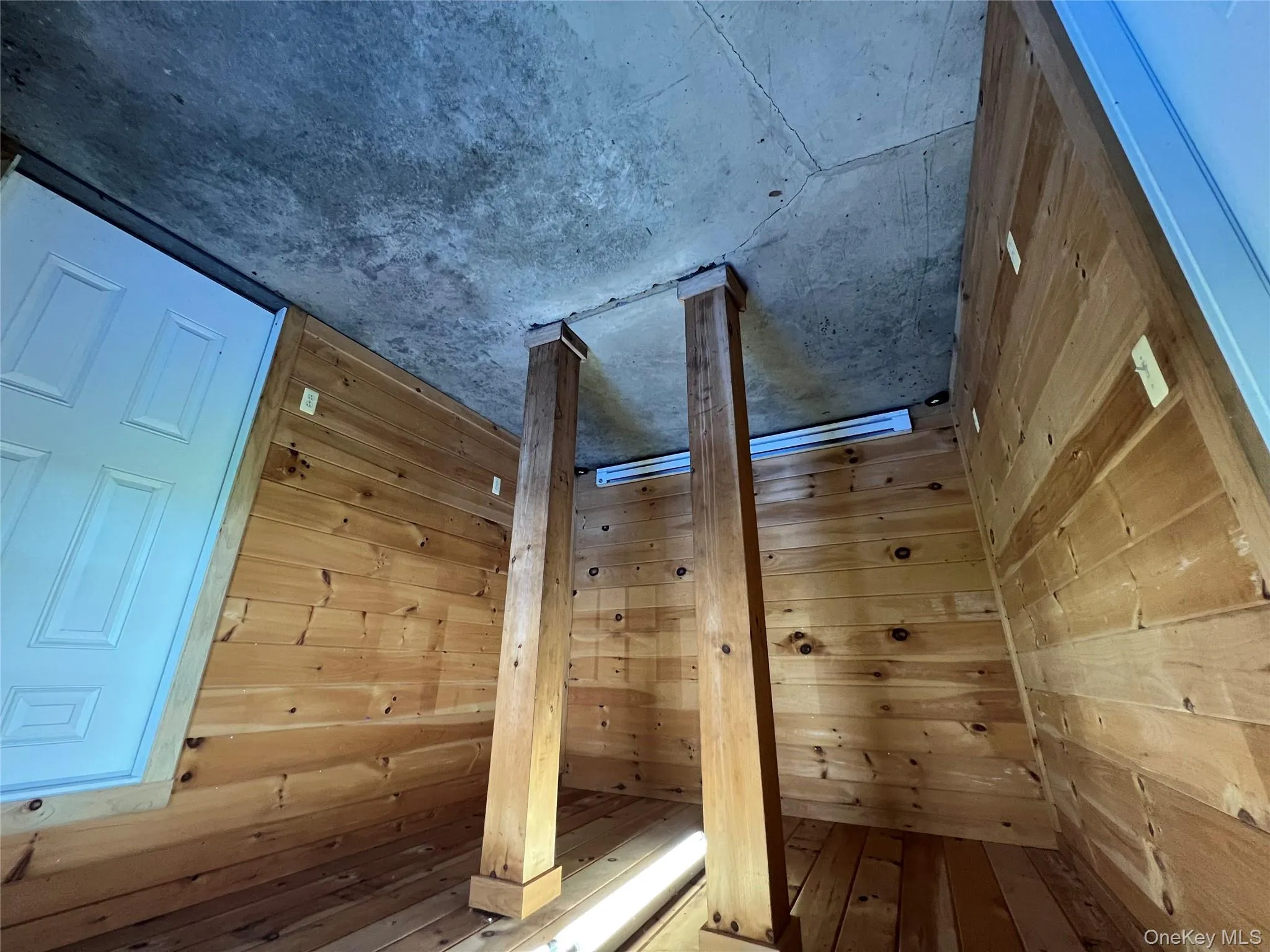 Additional living space with unfinished concrete floors, baseboard heating, and wood walls Additional living space with unfinished concrete floors, baseboard heating, and wood walls