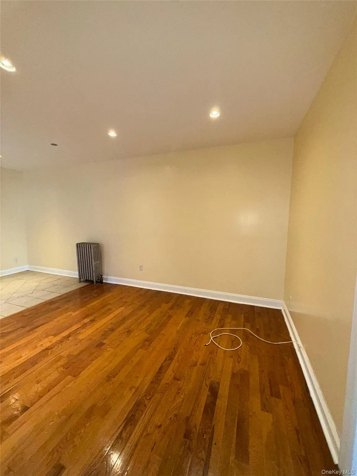 Spare room featuring light wood-style flooring, radiator heating unit, and recessed lighting Spare room featuring light wood-style flooring, radiator heating unit, and recessed lighting