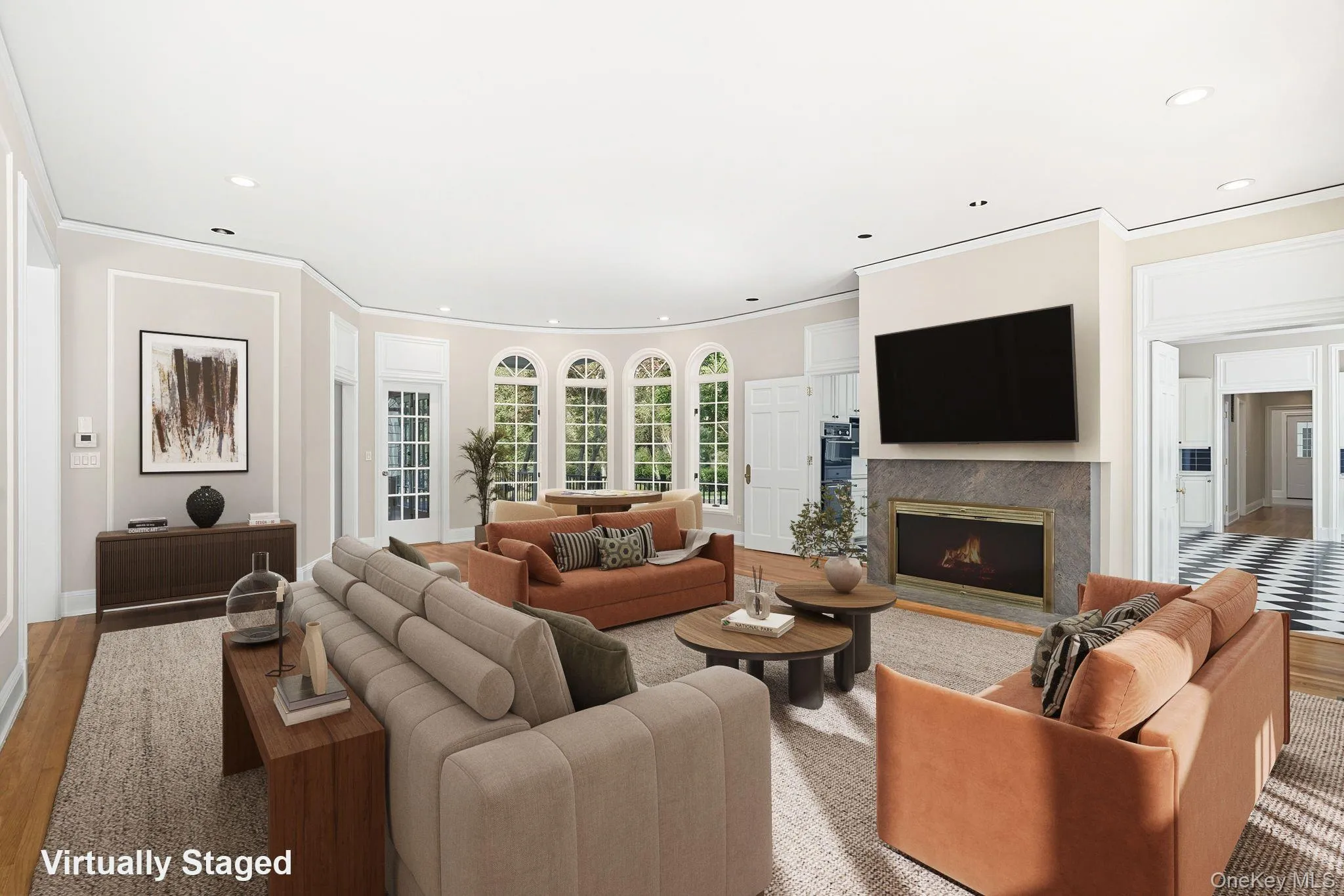 Virtually Staged - Lavish yet warm and inviting family room with a marble wood burning fireplace with french doors opening to the terrace, pool and magnificent lush private grounds Virtually Staged - Lavish yet warm and inviting family room with a marble wood burning fireplace with french doors opening to the terrace, pool and magnificent lush private grounds