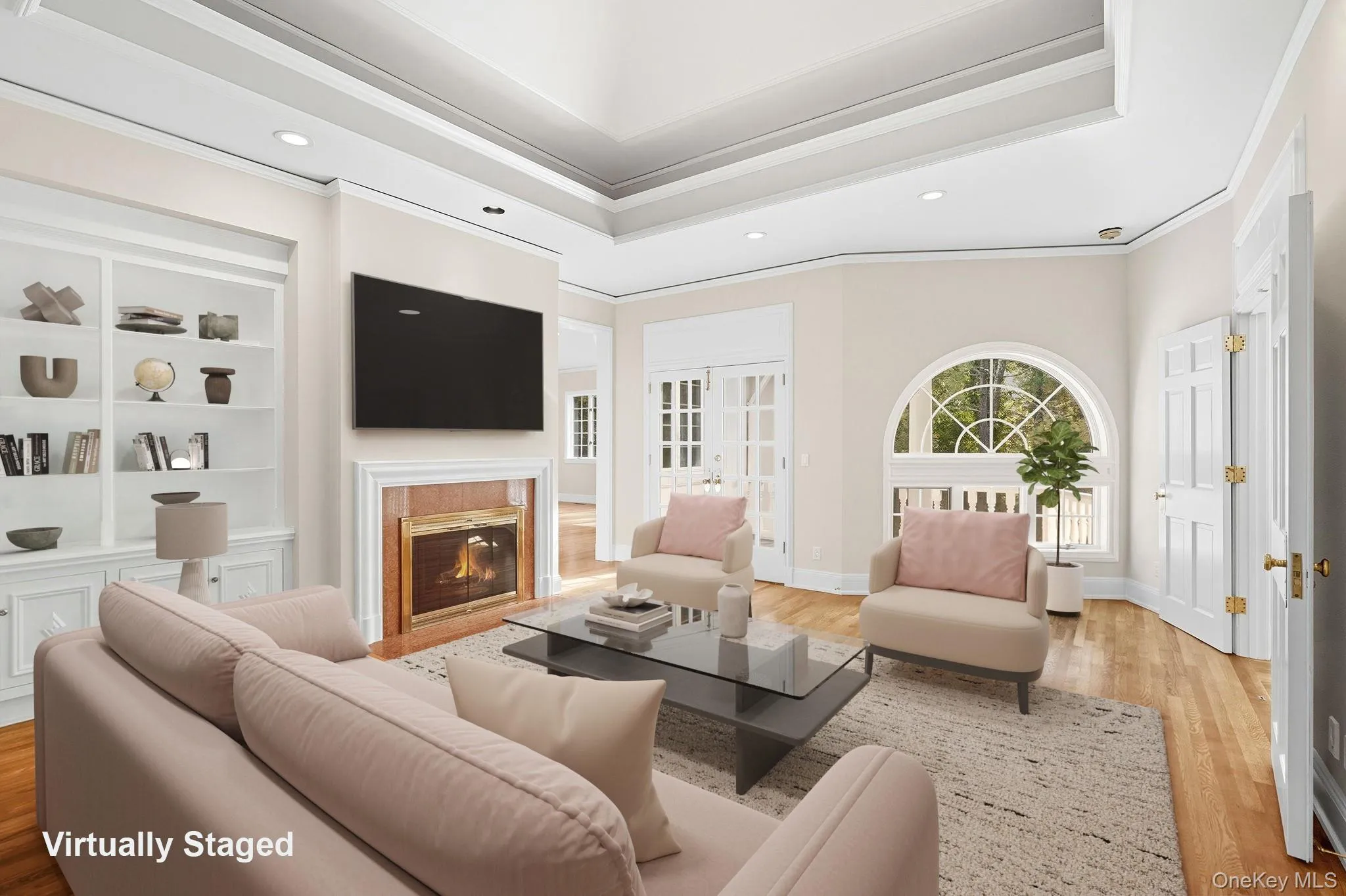 Virtually Staged - Spacious primary bedroom 15 foot high sitting room with a wood burning fireplace and a private balcony Virtually Staged - Spacious primary bedroom 15 foot high sitting room with a wood burning fireplace and a private balcony