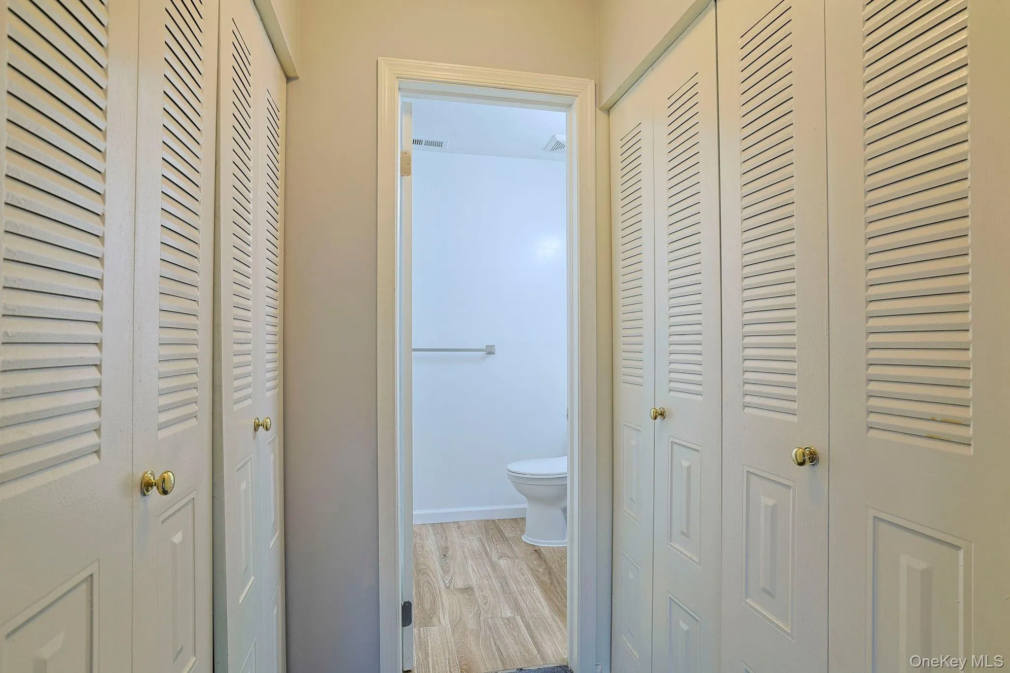 Bathroom featuring a closet and light wood-style floors Bathroom featuring a closet and light wood-style floors