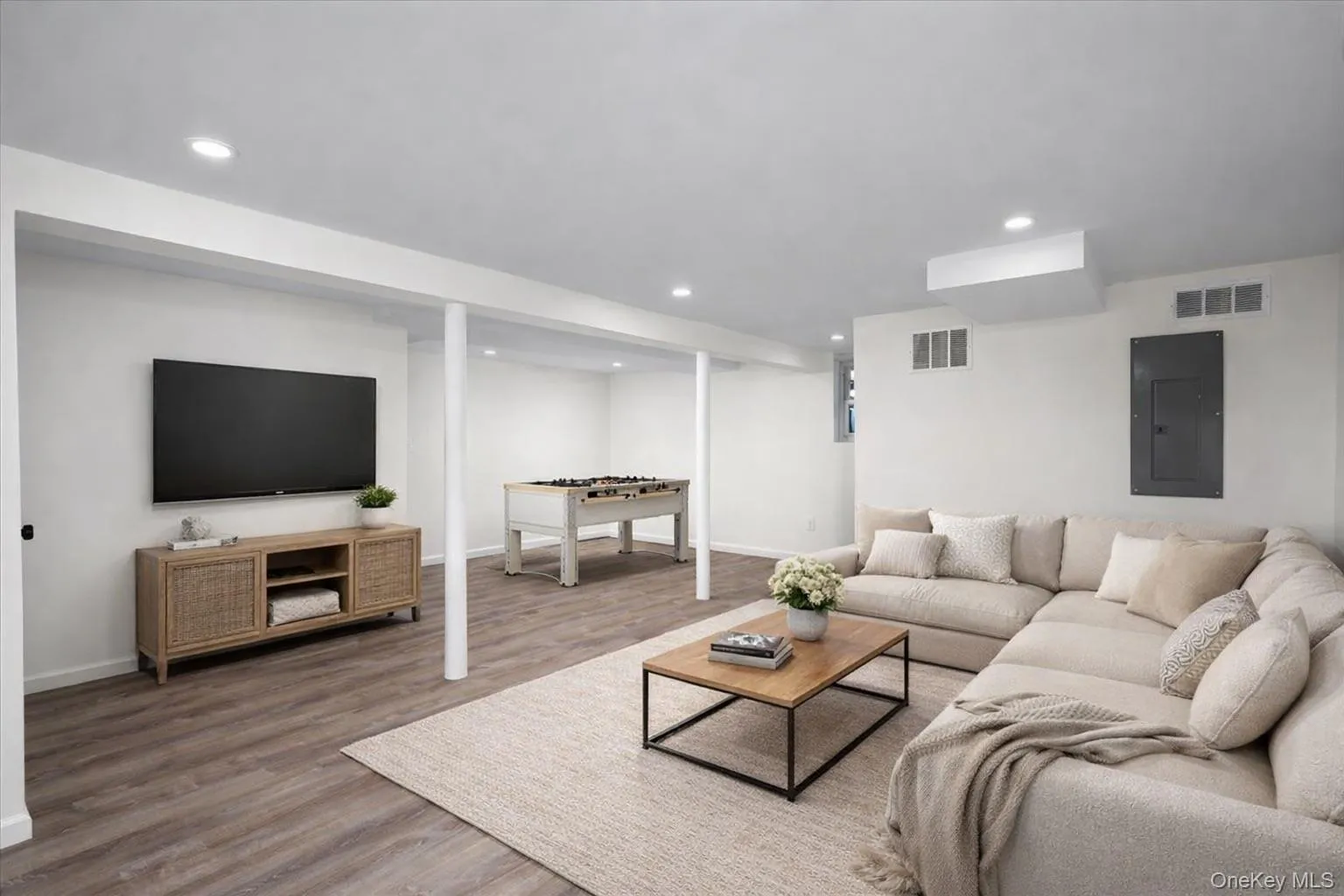 Virtually staged recreational space. Virtually staged recreational space.