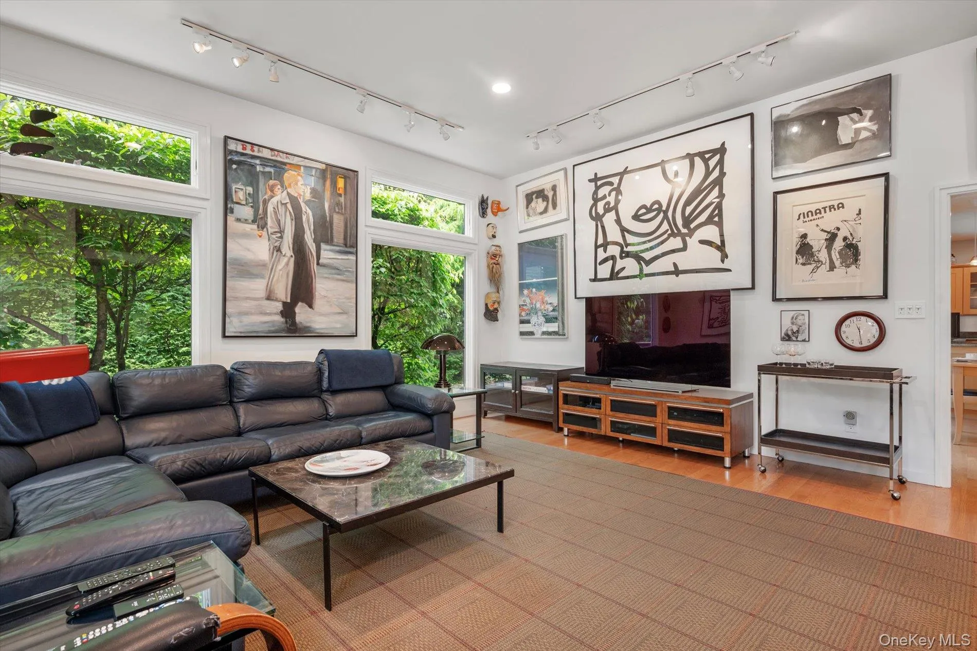 Living area featuring light wood-style flooring and track lighting Living area featuring light wood-style flooring and track lighting