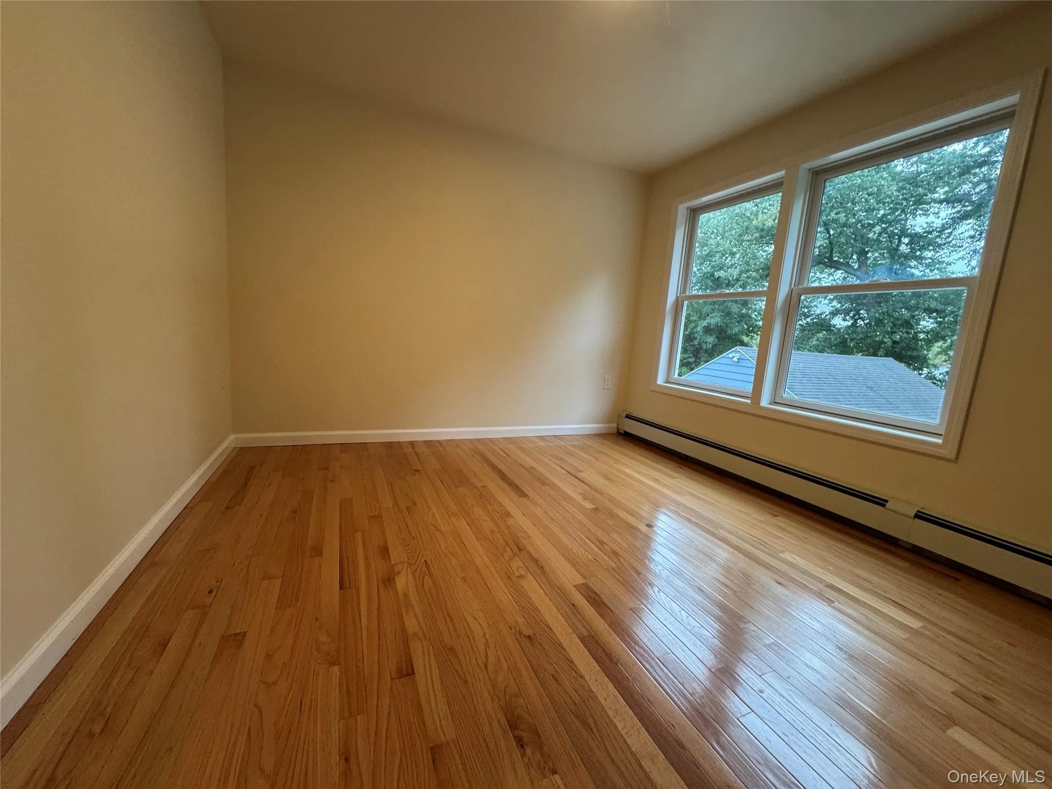Empty room with a baseboard radiator and light wood-style floors Empty room with a baseboard radiator and light wood-style floors