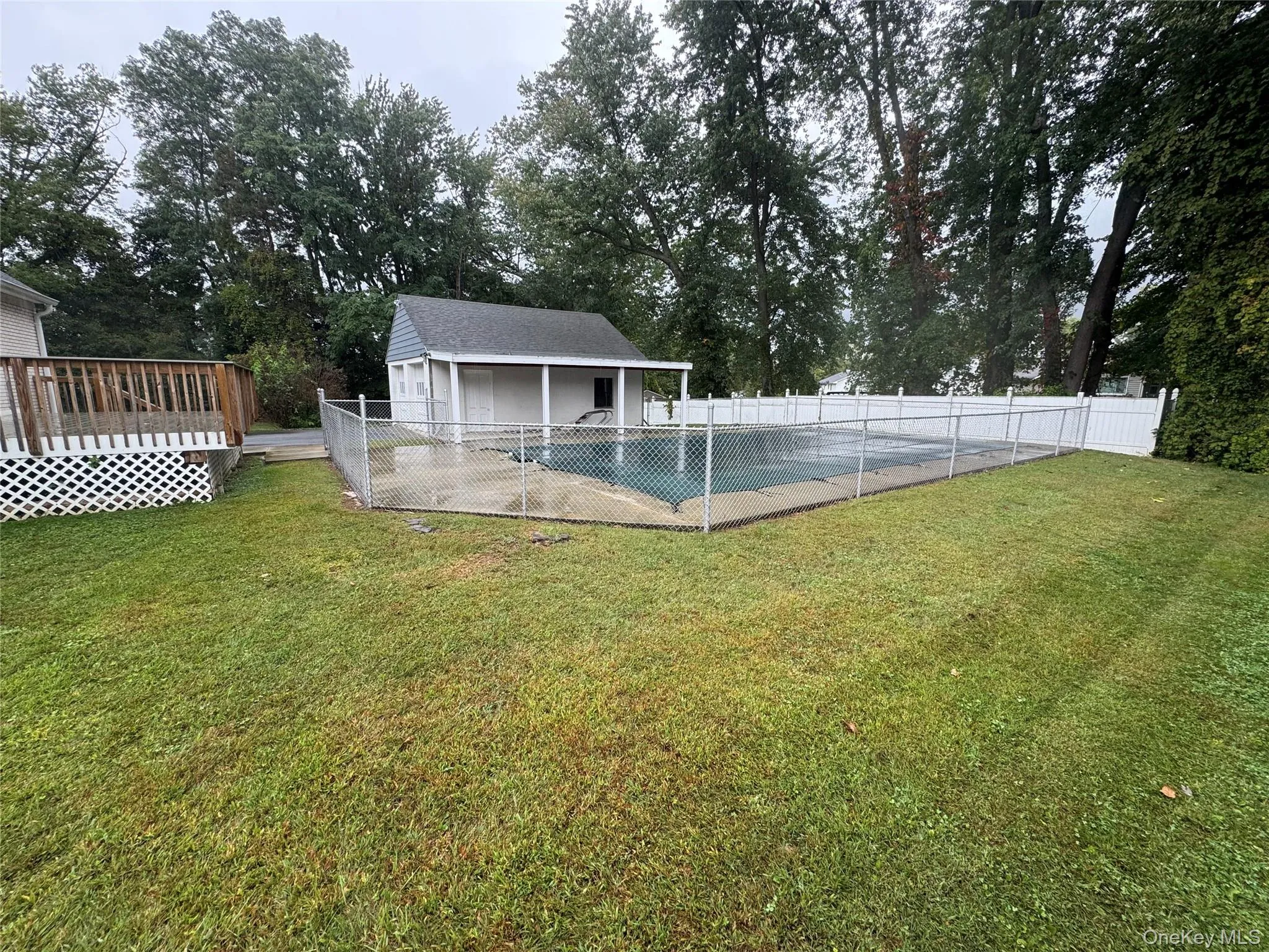 View of yard featuring a patio, view of scattered trees, an outdoor structure, and a deck View of yard featuring a patio, view of scattered trees, an outdoor structure, and a deck