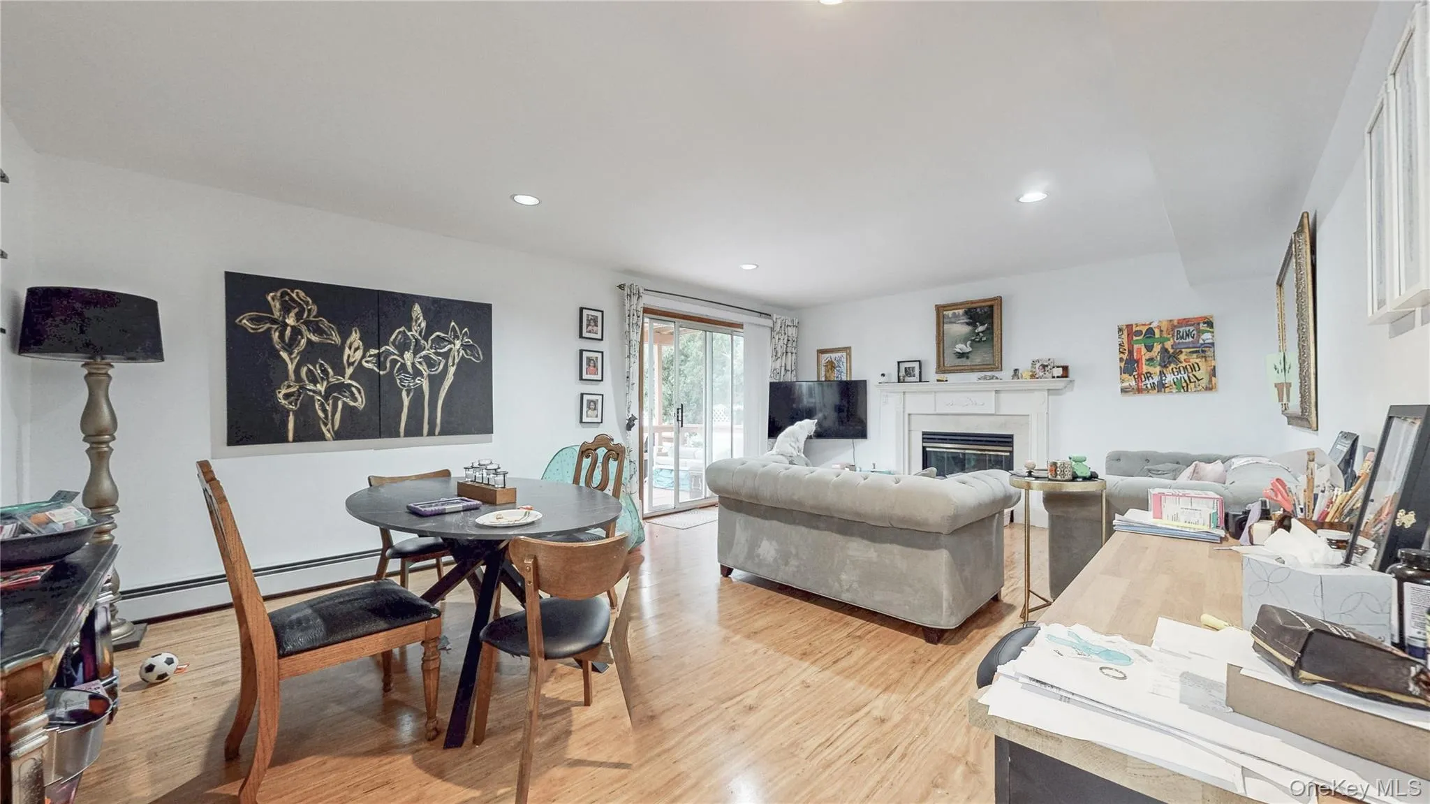 Living area with a glass covered fireplace, light wood-style flooring, recessed lighting, and a baseboard radiator Living area with a glass covered fireplace, light wood-style flooring, recessed lighting, and a baseboard radiator