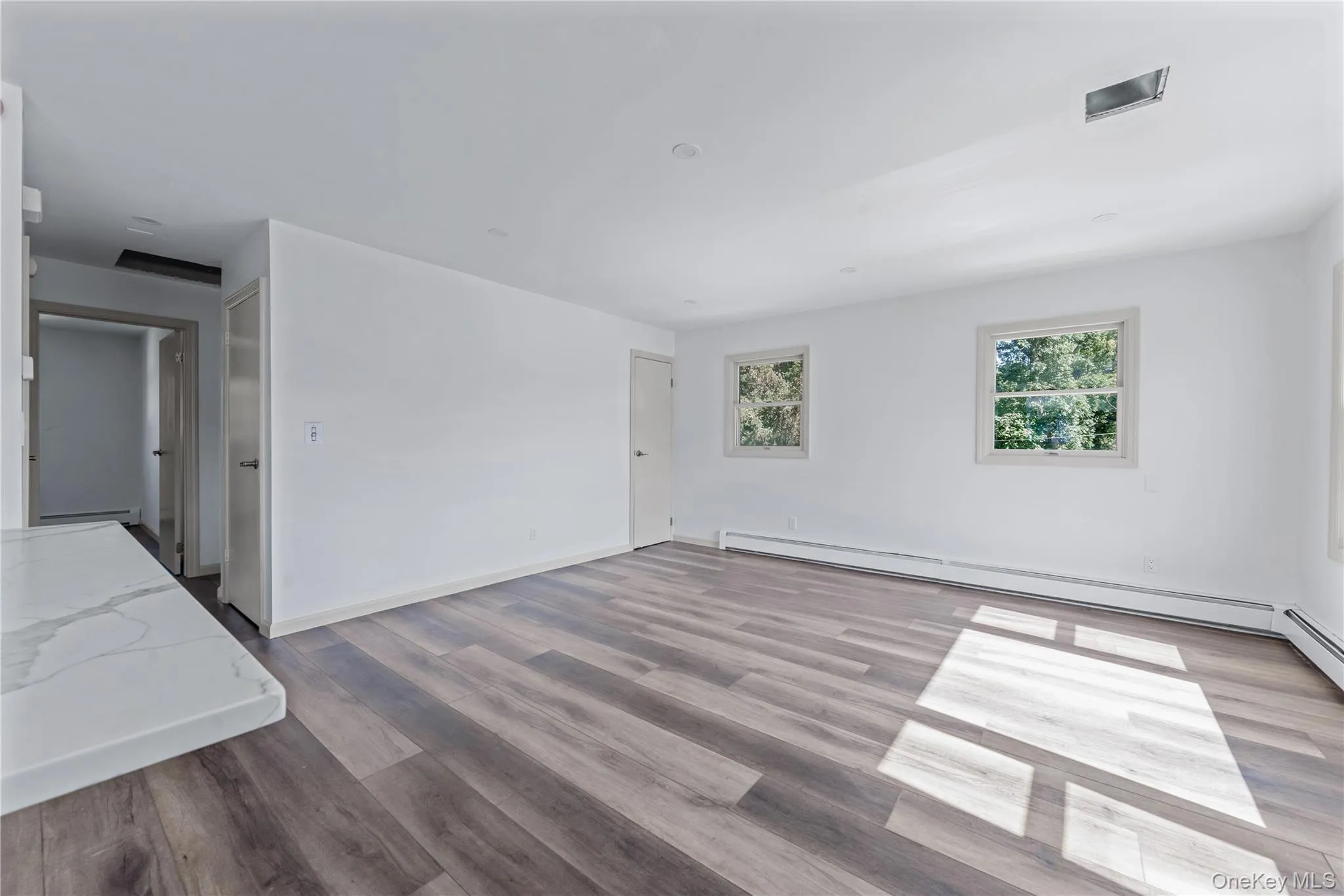 Unfurnished room featuring a baseboard radiator and light wood-style flooring Unfurnished room featuring a baseboard radiator and light wood-style flooring