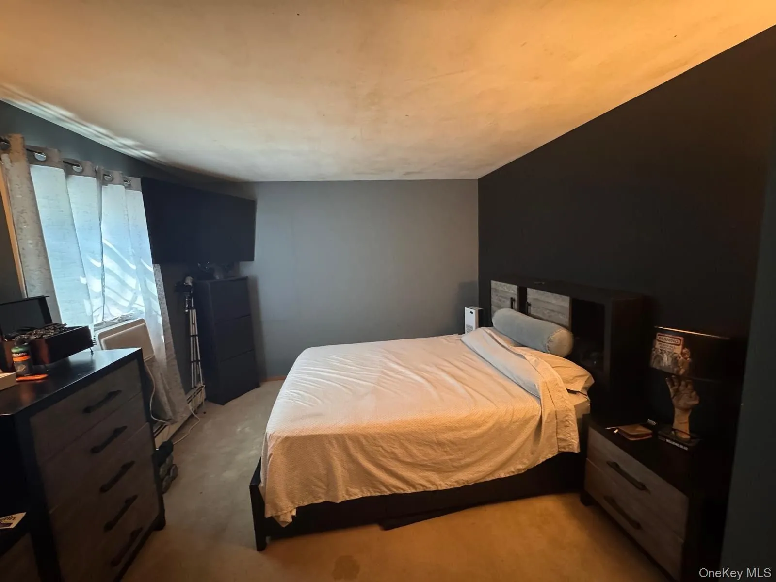 Bedroom featuring light carpet and a baseboard heating unit Bedroom featuring light carpet and a baseboard heating unit