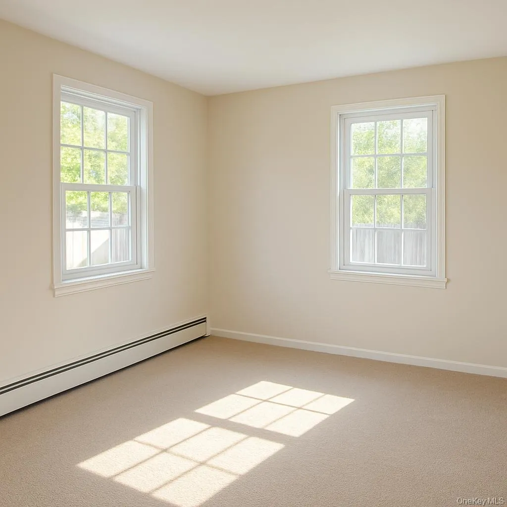 Empty room featuring light colored carpet and baseboard heating Empty room featuring light colored carpet and baseboard heating