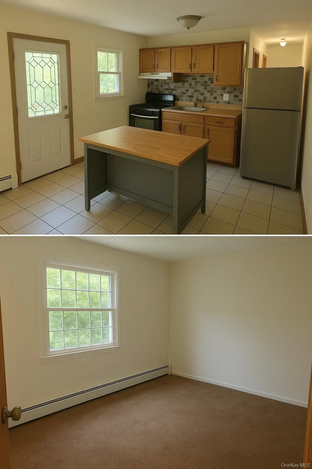 Kitchen with freestanding refrigerator, a baseboard radiator, black gas range oven, and decorative backsplash Kitchen with freestanding refrigerator, a baseboard radiator, black gas range oven, and decorative backsplash