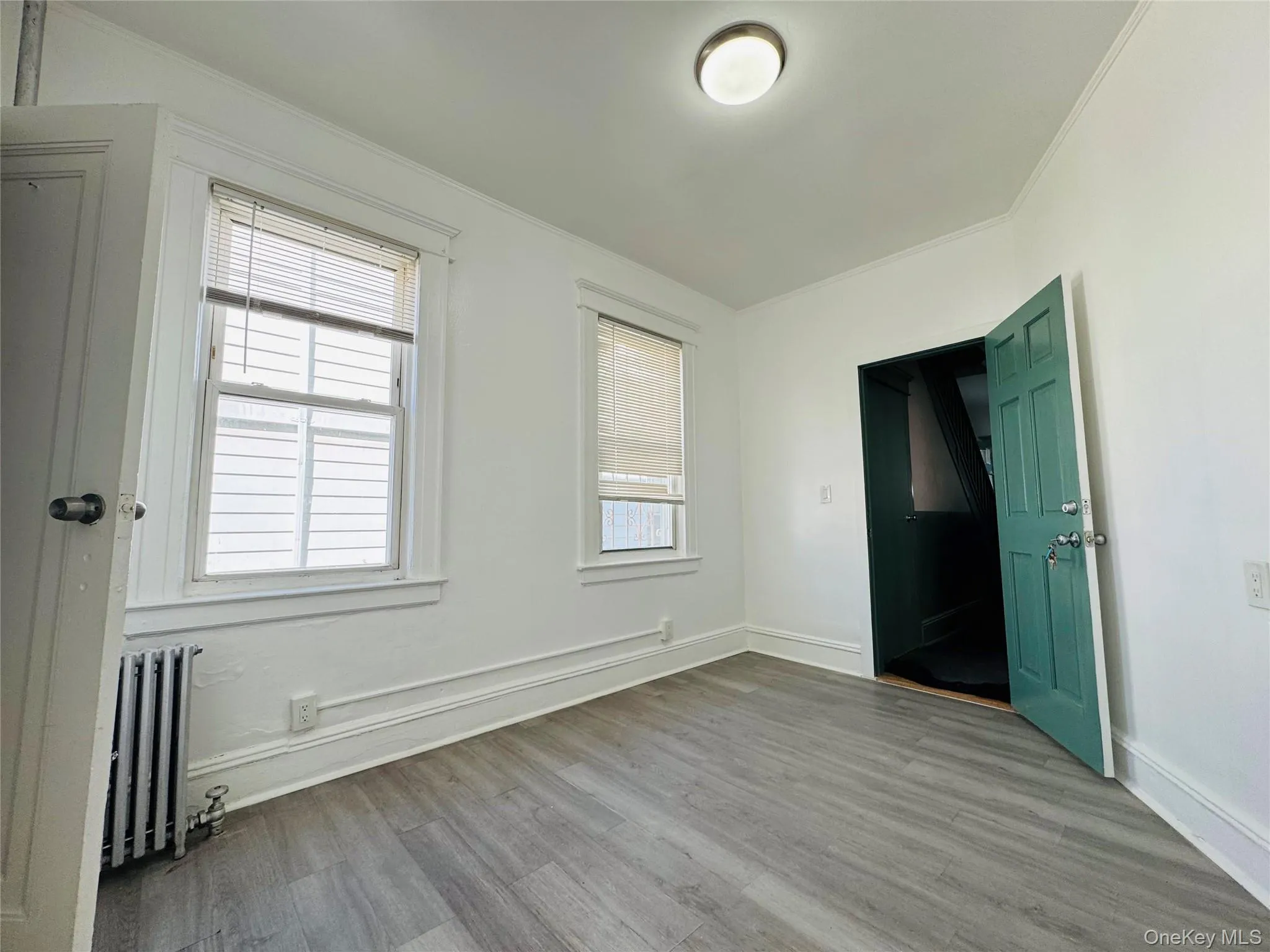 Unfurnished room featuring crown molding, light wood-style floors, and radiator heating unit Unfurnished room featuring crown molding, light wood-style floors, and radiator heating unit