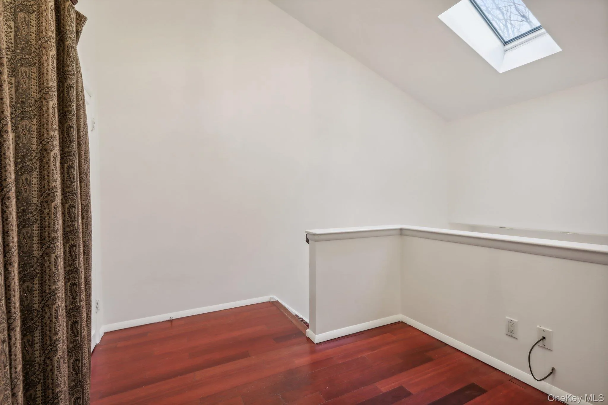 Walk in closet featuring a skylight, vaulted ceiling, and dark wood-style flooring Walk in closet featuring a skylight, vaulted ceiling, and dark wood-style flooring