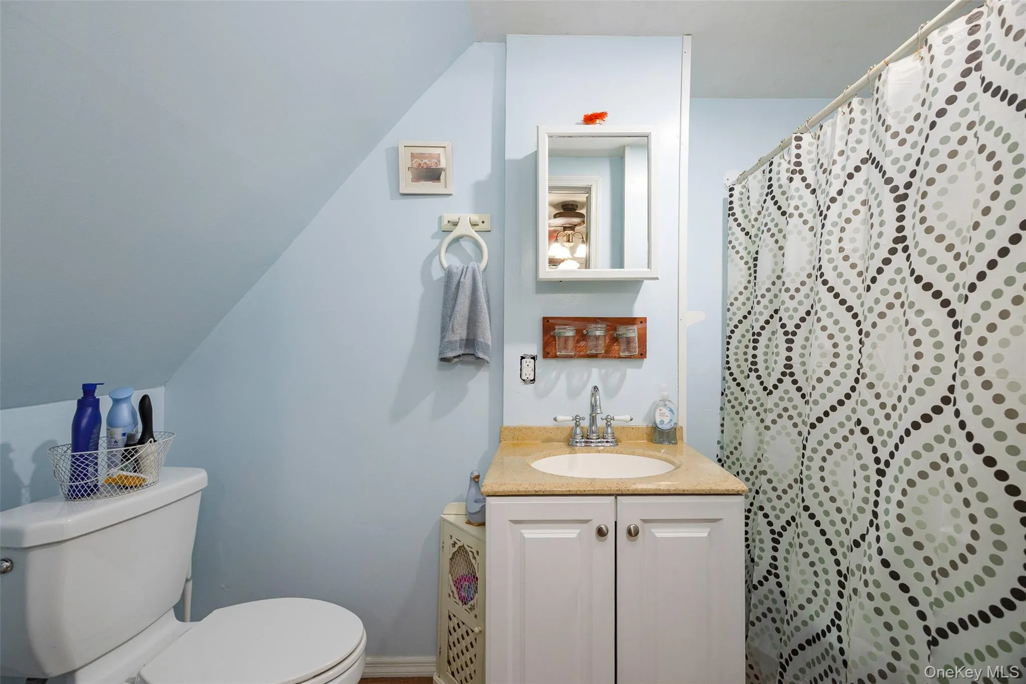 Bathroom with vanity, lofted ceiling, and a shower with shower curtain Bathroom with vanity, lofted ceiling, and a shower with shower curtain