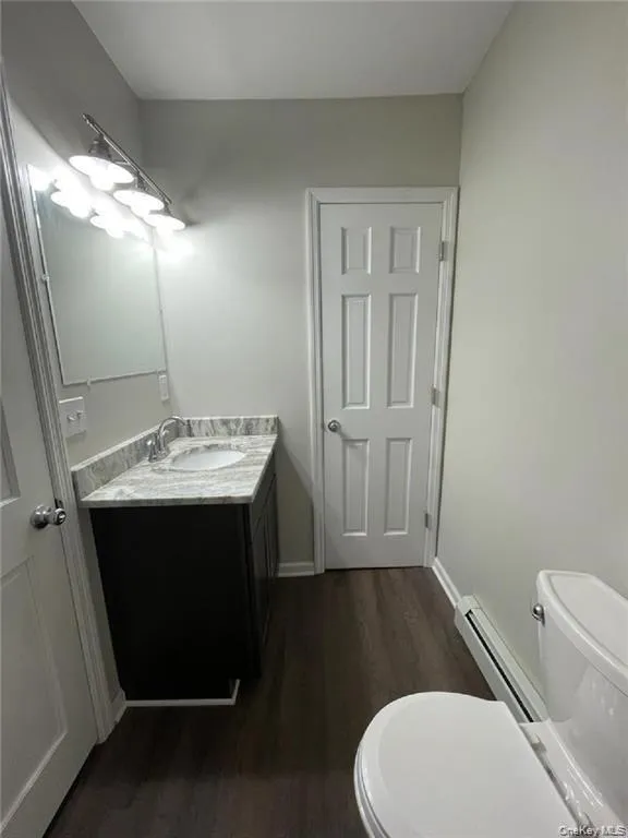 Half bathroom with vanity, a baseboard radiator, and dark wood-style floors Half bathroom with vanity, a baseboard radiator, and dark wood-style floors