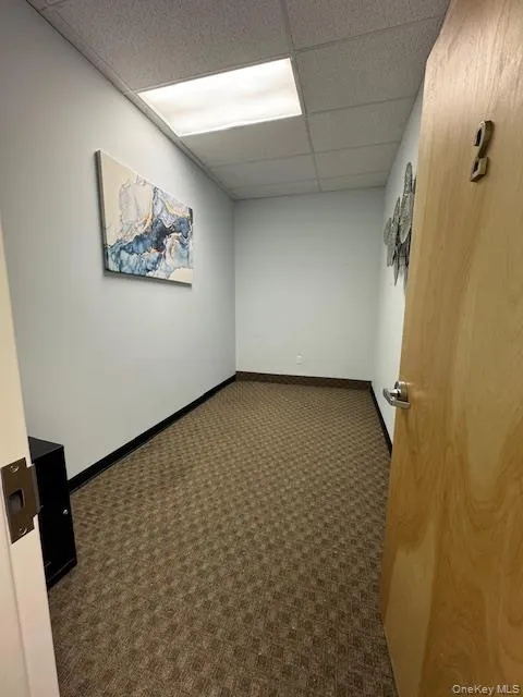 Empty room with dark carpet and a drop ceiling Empty room with dark carpet and a drop ceiling