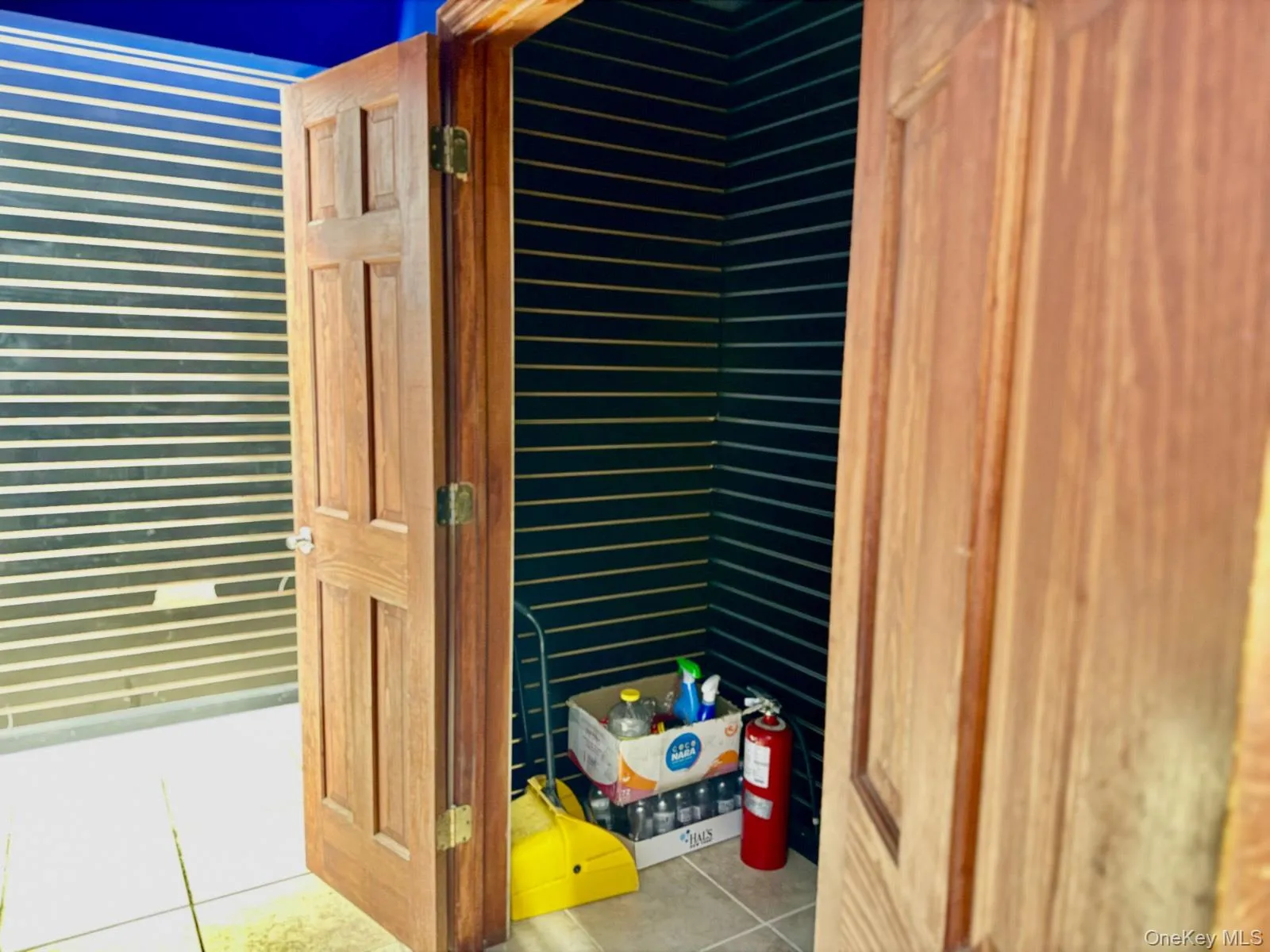 Detailed view of wallpapered walls and a fire extinguisher Detailed view of wallpapered walls and a fire extinguisher